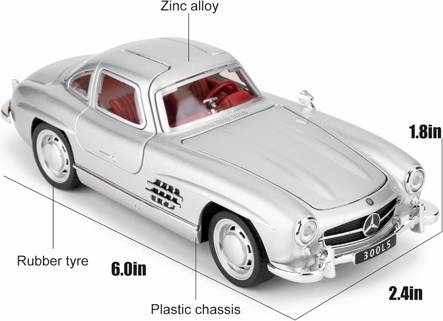 1955 Mercedes-Benz 300sl Vintage Car Model, 1/32 Toy Car with Sound and Light Function, Children's Toy Model Car with PullBack Function, Collector's Quality Model Car, Gift for Children (silver)
