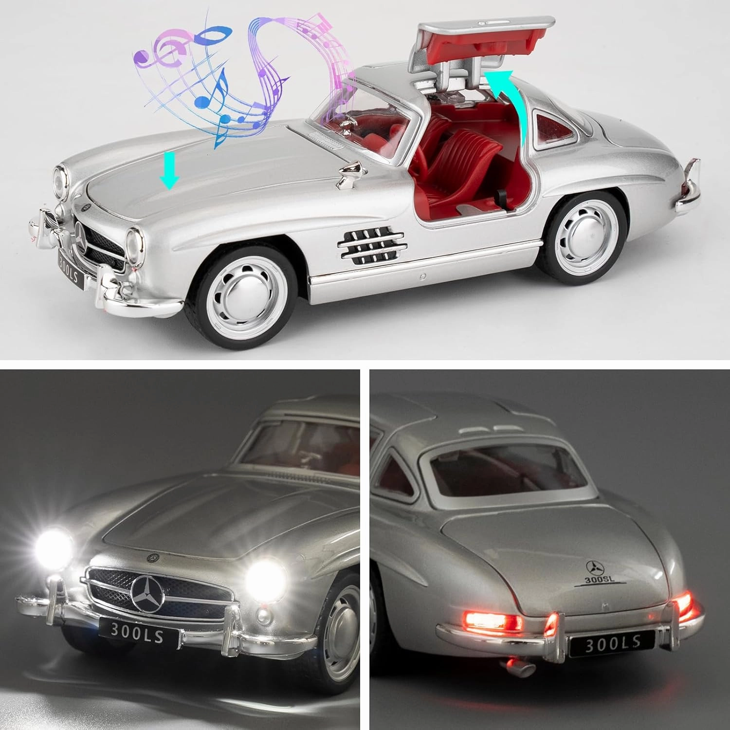 1955 Mercedes-Benz 300sl Vintage Car Model, 1/32 Toy Car with Sound and Light Function, Children's Toy Model Car with PullBack Function, Collector's Quality Model Car, Gift for Children (silver)