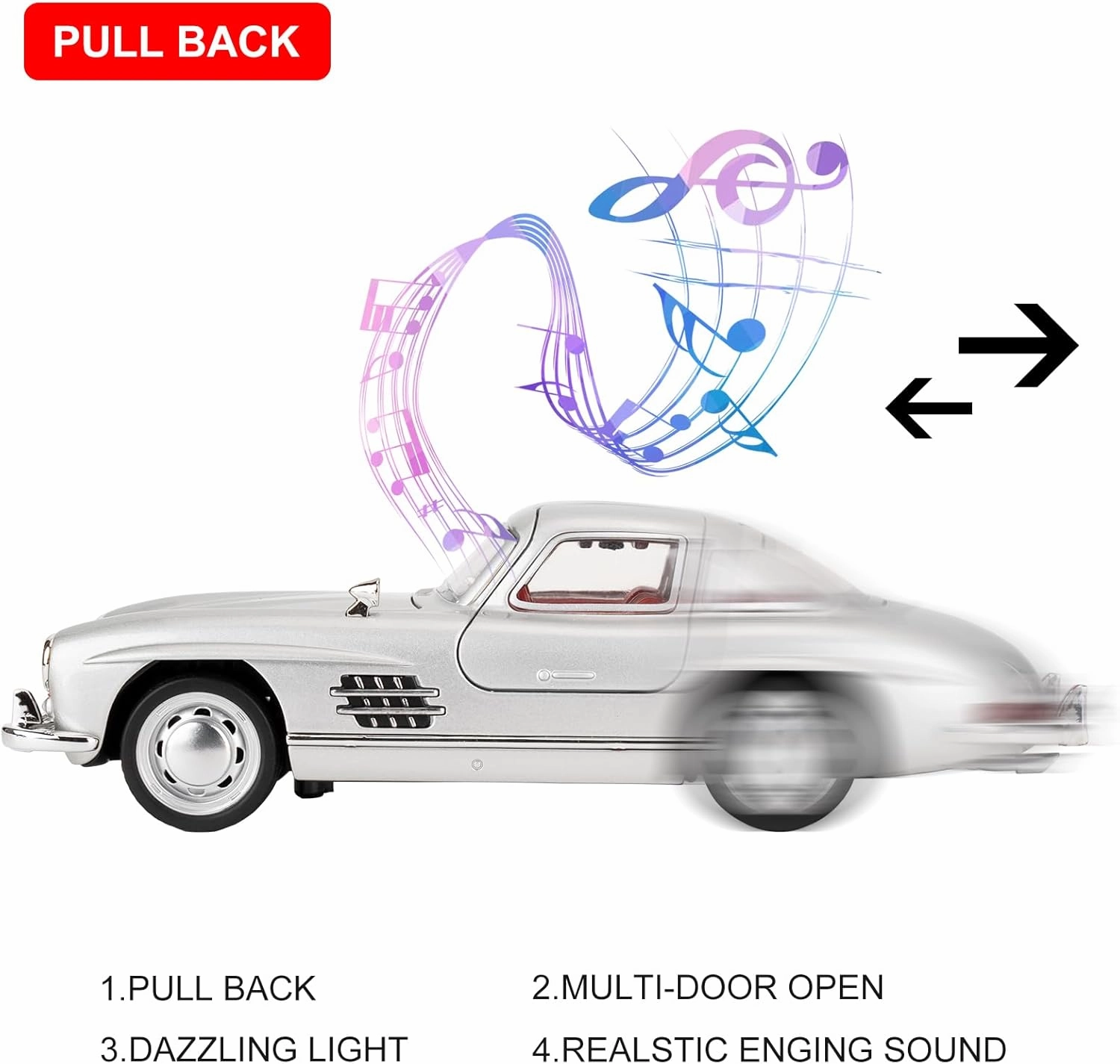 1955 Mercedes-Benz 300sl Vintage Car Model, 1/32 Toy Car with Sound and Light Function, Children's Toy Model Car with PullBack Function, Collector's Quality Model Car, Gift for Children (silver)