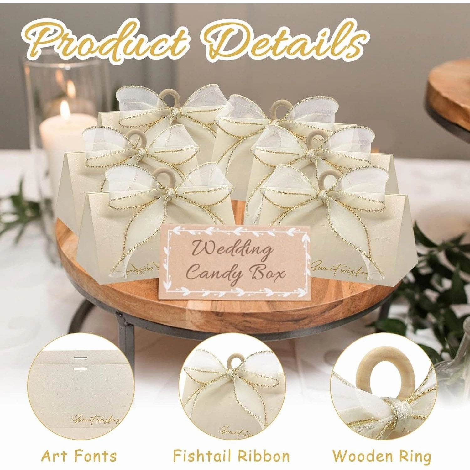20Pcs Wedding Favour Candy Boxes Set,Elegant Candy Boxes with Wooden Ring Ribbon,Europe Style Paper Sweets Box Gift Wrap Boxes for Guests Party Wedding Decoration Candy Chocolate
