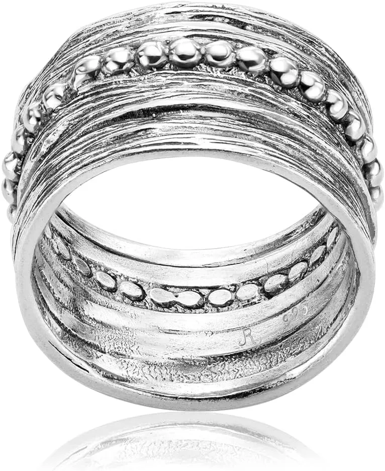 925 Sterling Silver Wide Ring Multi Texture and Beads, Oxidized, Vintage Look Stylish Hypoallergenic, Nickel and Lead-free, Artisan Handcrafted Designer Collection Made in Israel (Size 5-11)