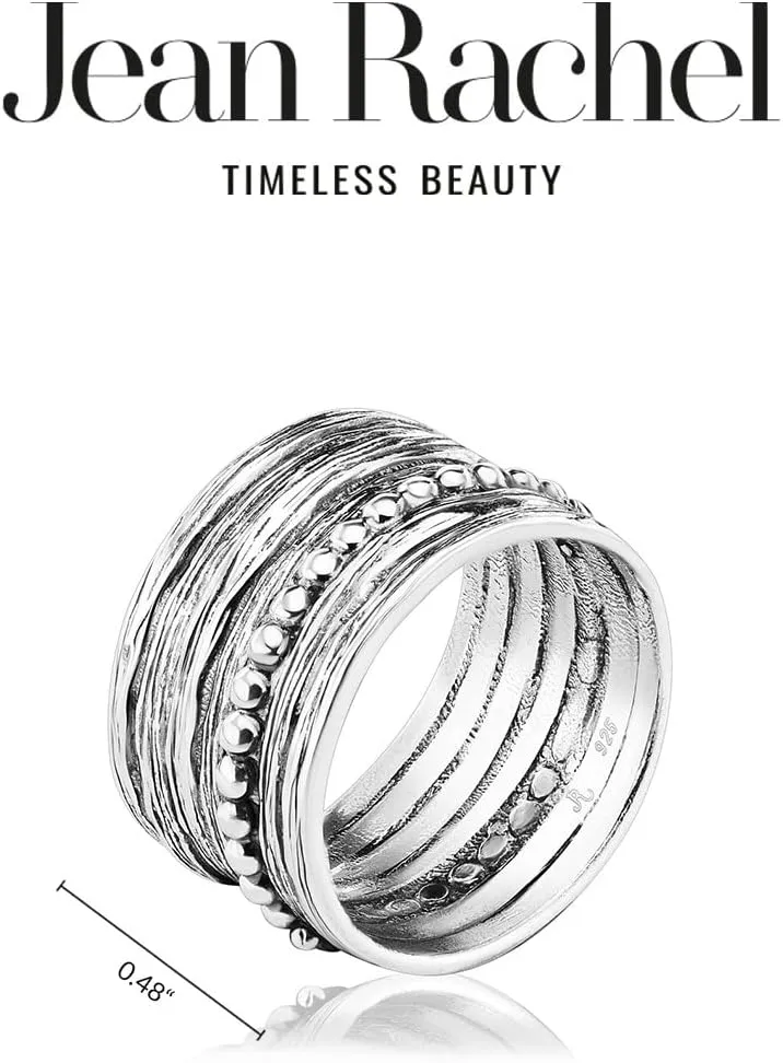 925 Sterling Silver Wide Ring Multi Texture and Beads, Oxidized, Vintage Look Stylish Hypoallergenic, Nickel and Lead-free, Artisan Handcrafted Designer Collection Made in Israel (Size 5-11)