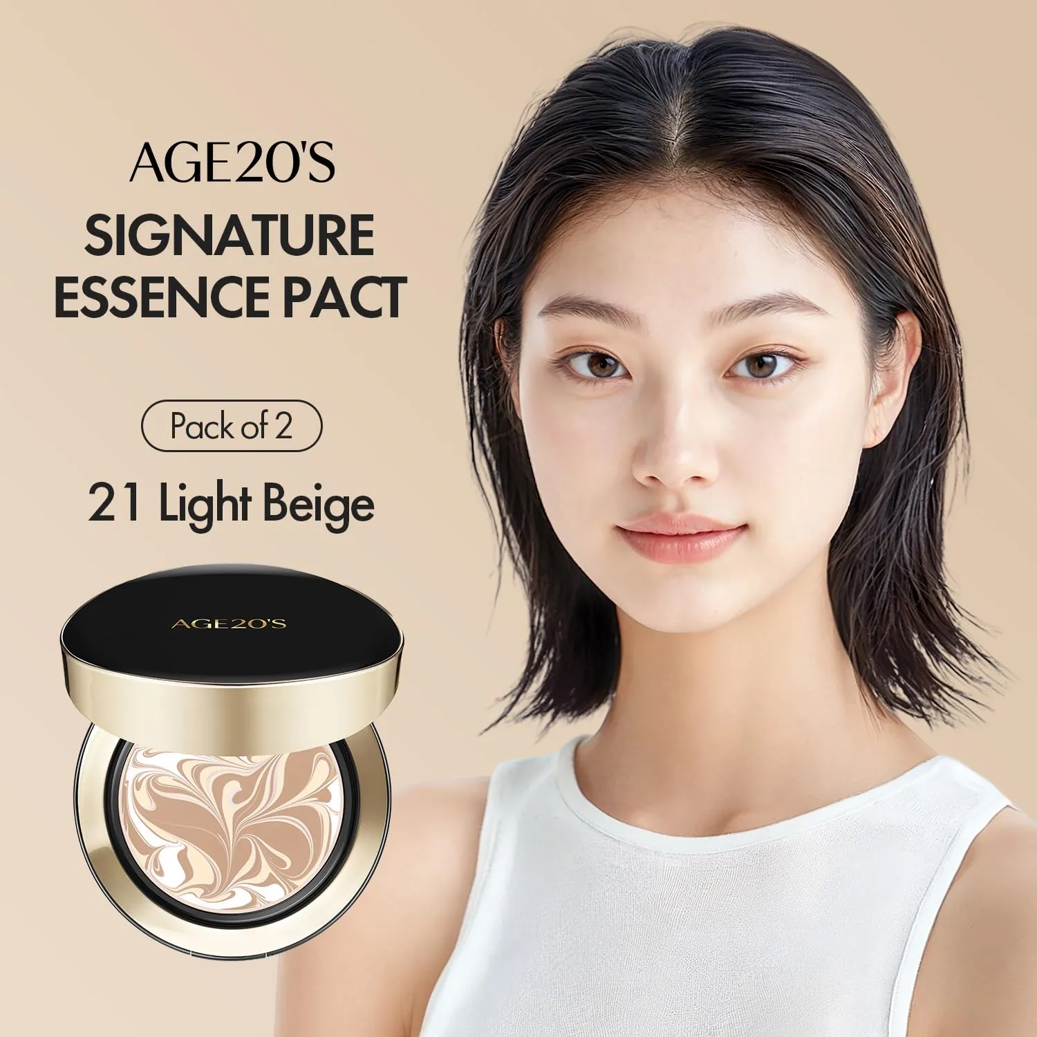 AGE20'S Signature Essence Pact SPF 50  | Pack of 2 | 21 Light Beige | Cream Foundation, Dewy Finish, Natural Coverage | Korean Cushion Foundation