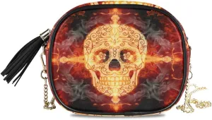 ALAZA Women's Watercolor Mexican Sugar Skull Flowers Day of the Dead PU Leather Crossbody Bag Shoulder Purse with Tassel