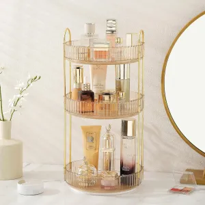 Aveniee Rotating Makeup Organizer for Vanity, 3 Tier Perfume Skincare Organizers and Storage for Bathroom Countertop, Clear Spinning Counter Shelf Cosmetic Holder for Dresser(Gold)