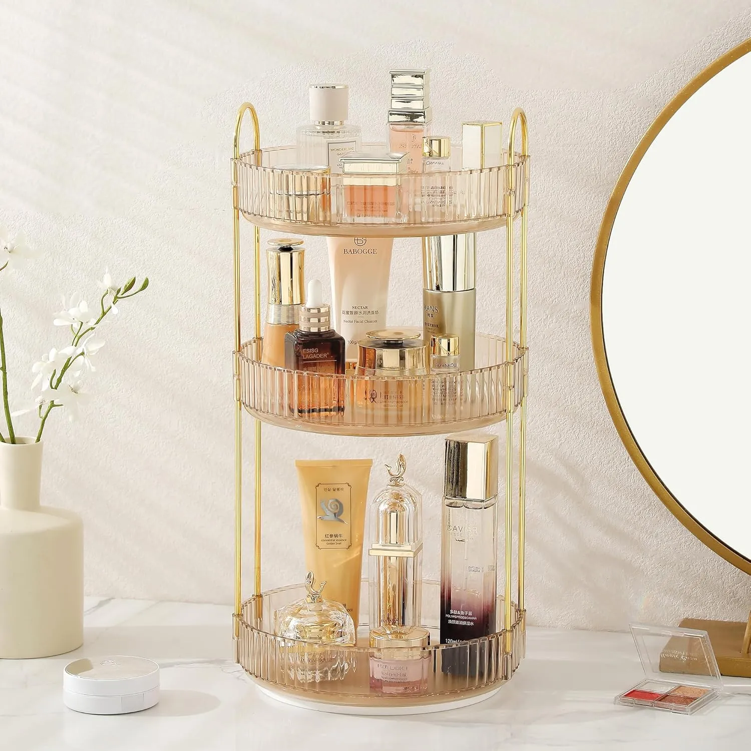 Aveniee Rotating Makeup Organizer for Vanity, 3 Tier Perfume Skincare Organizers and Storage for Bathroom Countertop, Clear Spinning Counter Shelf Cosmetic Holder for Dresser(Gold)