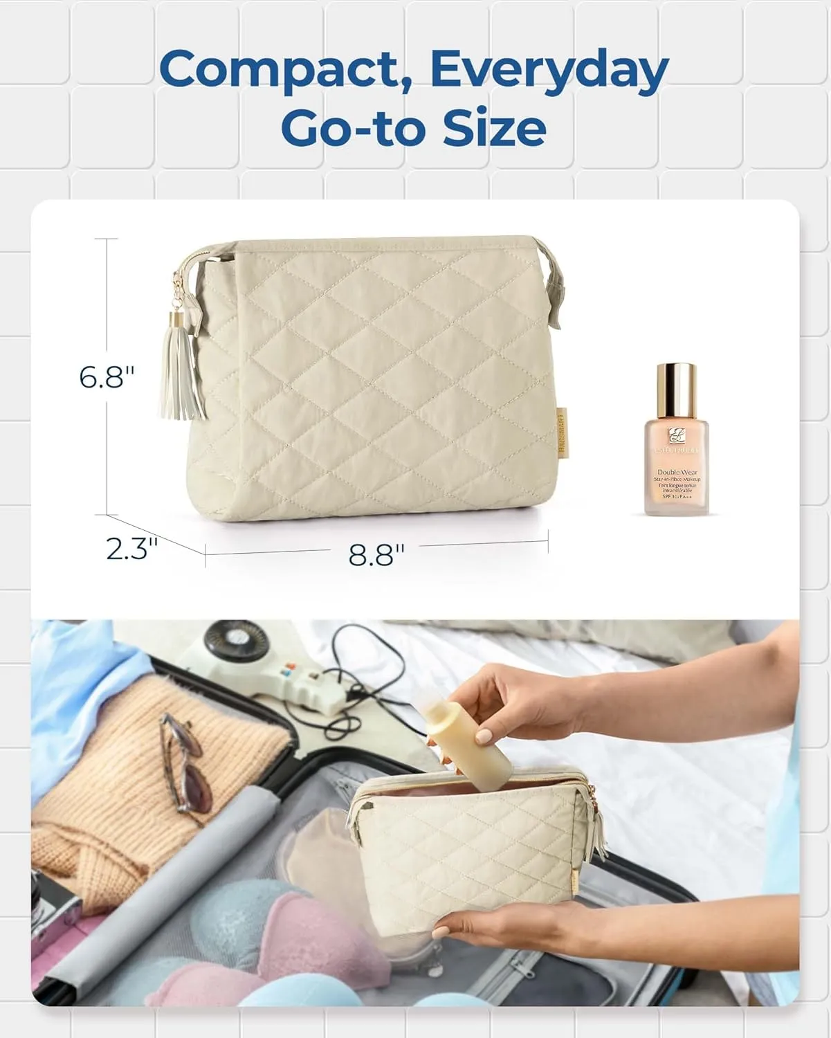 BAGSMART Makeup Bag Travel Cosmetic Bag, Puffy Make Up Bags for Women Large Capacity Makeup Organizer Case, Wide-open Pouch for Purse Storage Travel Essentials Toiletries Accessories Brushes, Beige