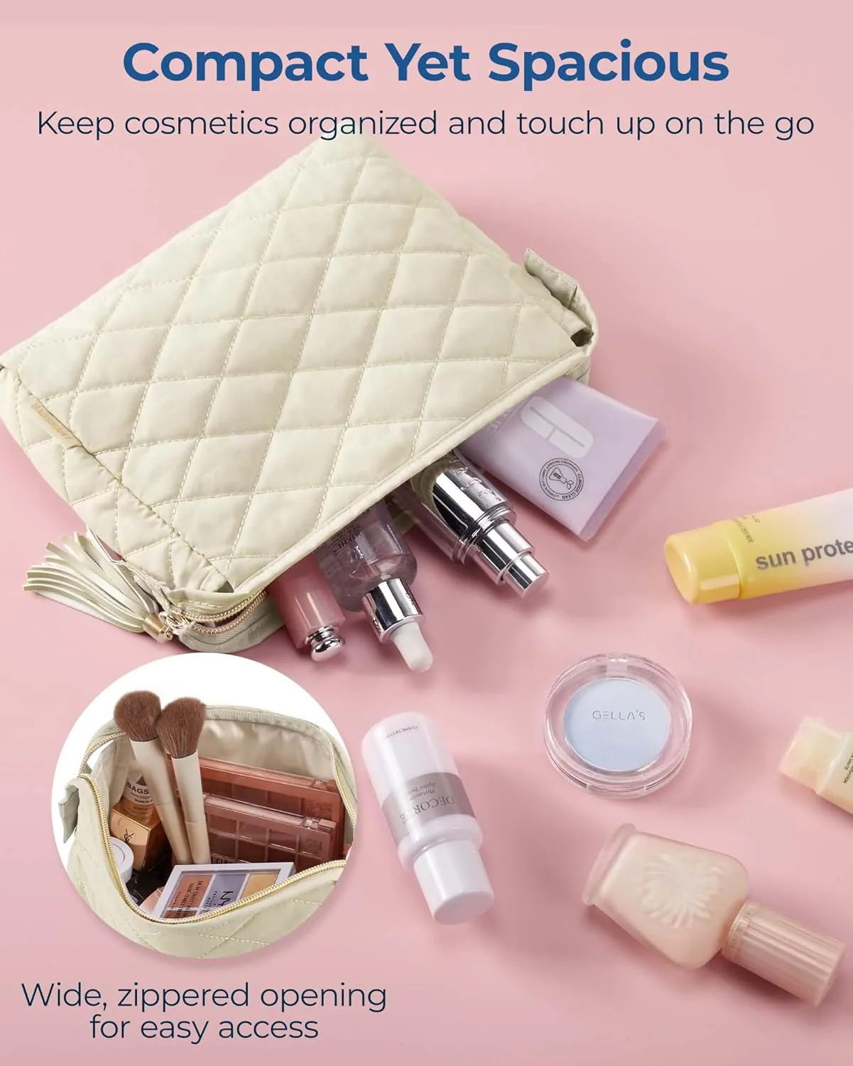 BAGSMART Makeup Bag Travel Cosmetic Bag, Puffy Make Up Bags for Women Large Capacity Makeup Organizer Case, Wide-open Pouch for Purse Storage Travel Essentials Toiletries Accessories Brushes, Beige