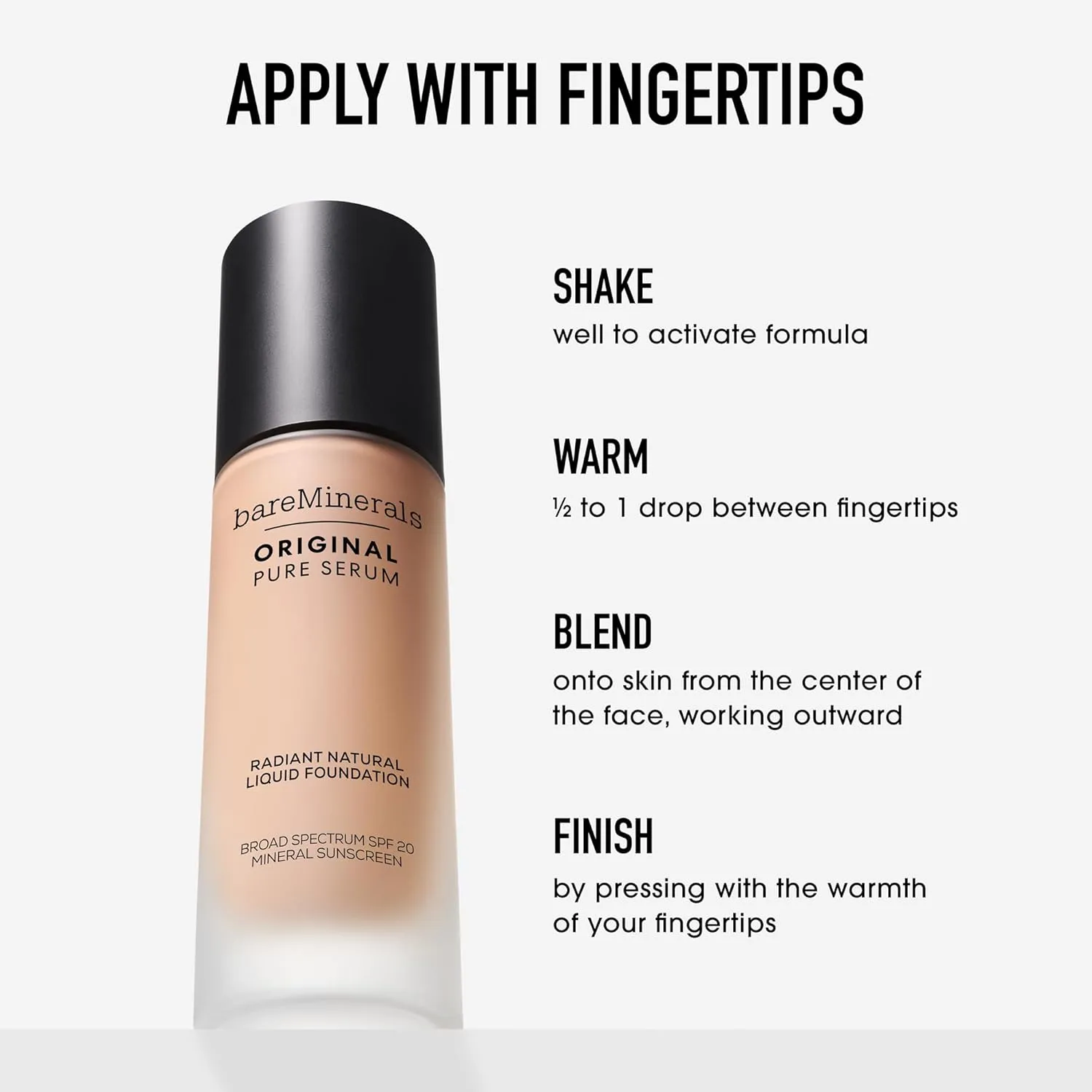 bareMinerals Original Pure Serum Radiant Natural Liquid Foundation Mineral SPF 20, Hydrating Skin Tint, Dewy Finish, Lightweight, Medium Coverage, Non-Comedogenic, Vegan