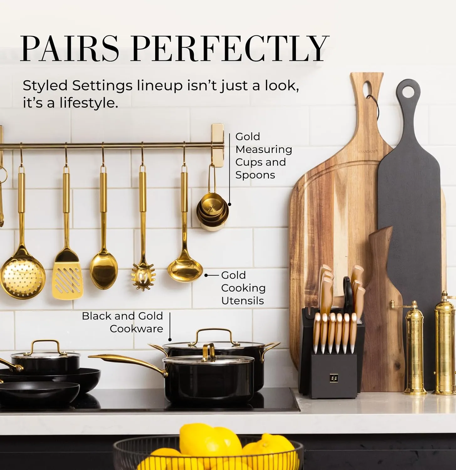 Black and Gold Knife Set for Kitchen with Block – 14-Piece Ultra-Sharp Stainless Steel Knives with Gold Handles and Built-In Sharpener – Stylish Kitchen Accessories for Cooking and Decor