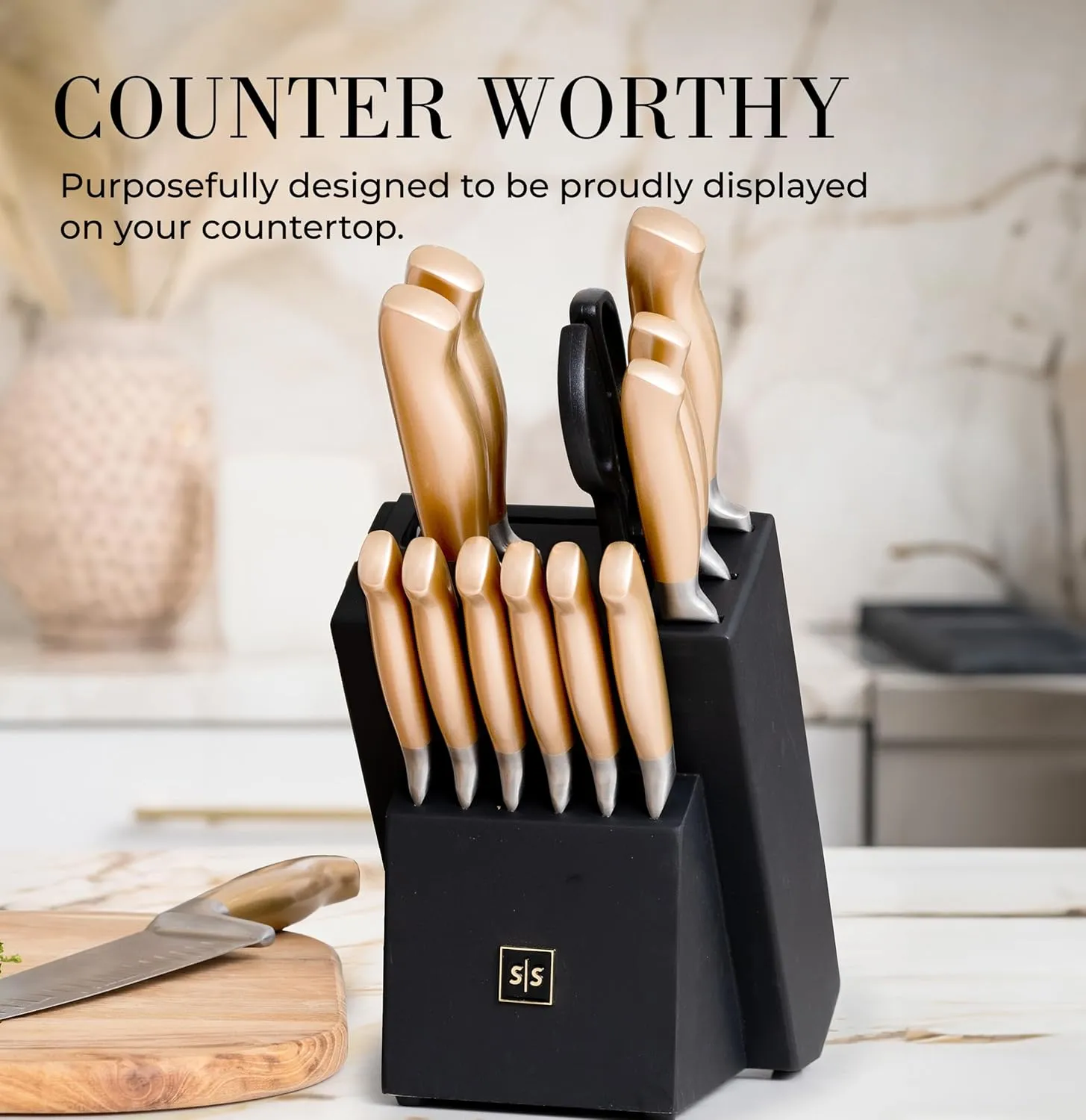 Black and Gold Knife Set for Kitchen with Block – 14-Piece Ultra-Sharp Stainless Steel Knives with Gold Handles and Built-In Sharpener – Stylish Kitchen Accessories for Cooking and Decor