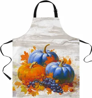 Blue Orange Pumpkin Waterproof Apron With Pockets,Fall Thanksgiving Grape Maple Leaves Kitchen Chefs Bib Cooking BBQ Grill Bake Adjustable Aprons for Women/Kids Home Garden Grooming Painting Gardening