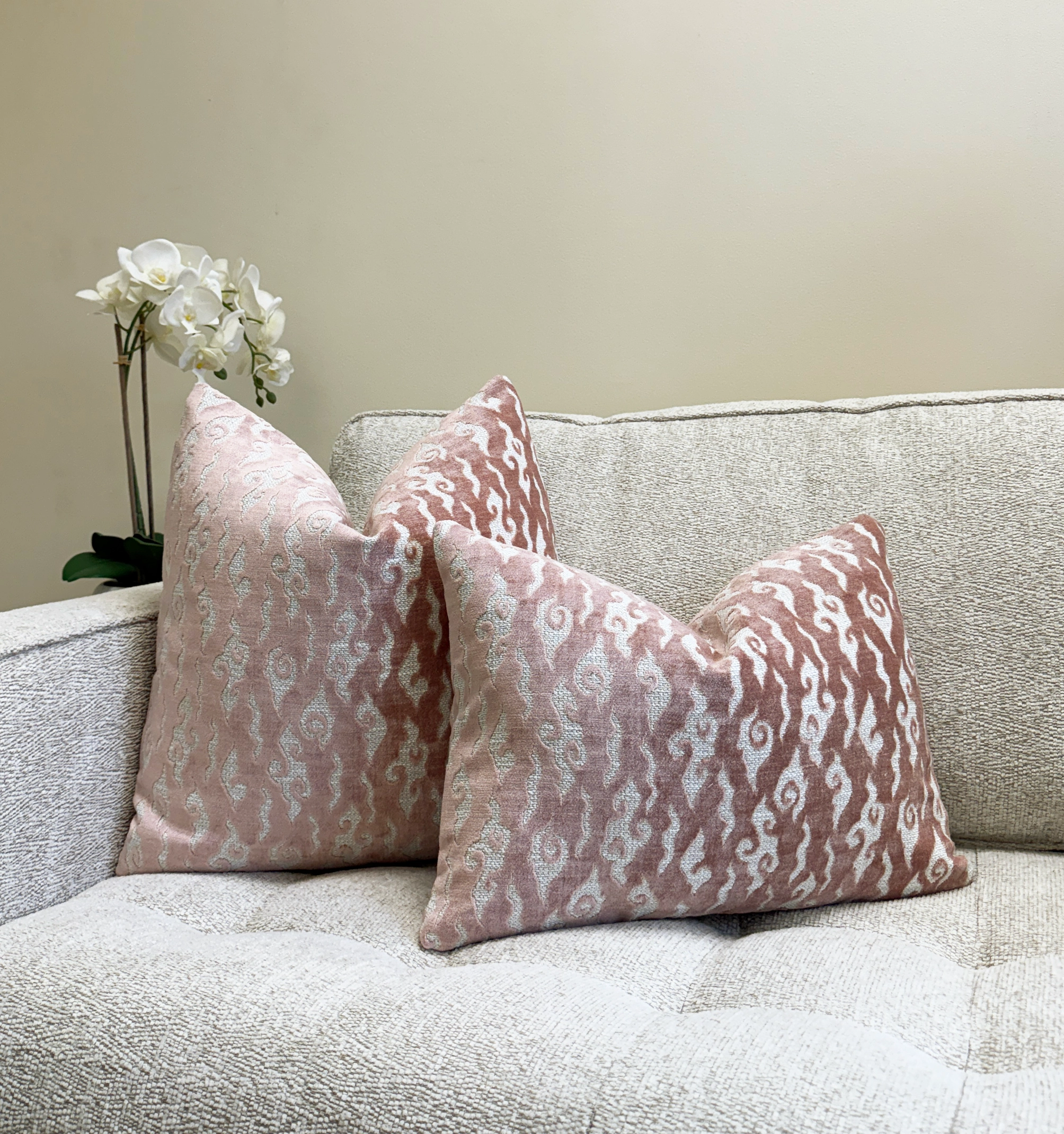 Blush Pink Swirl Velvet Throw Pillow