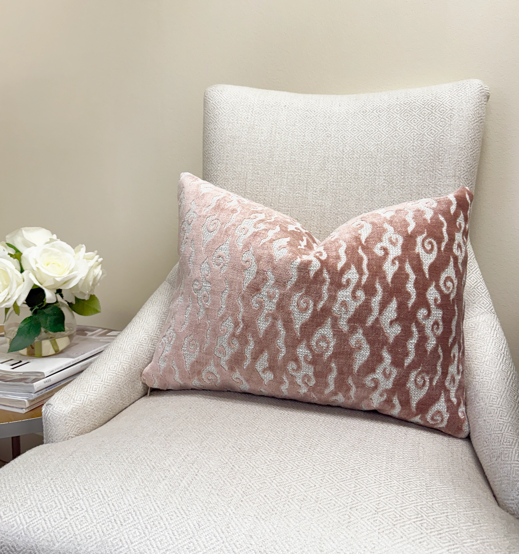Blush Pink Swirl Velvet Throw Pillow