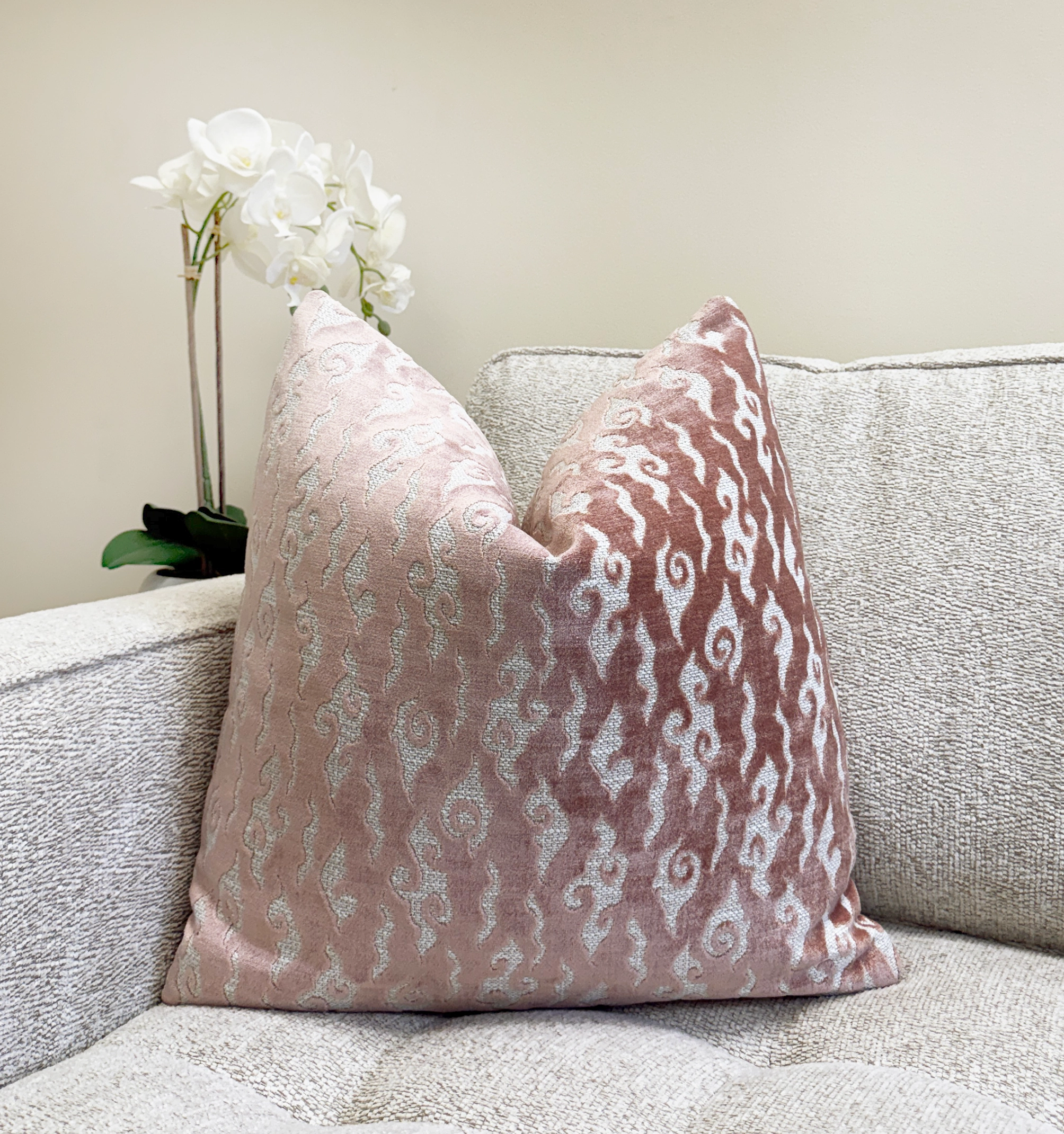 Blush Pink Swirl Velvet Throw Pillow