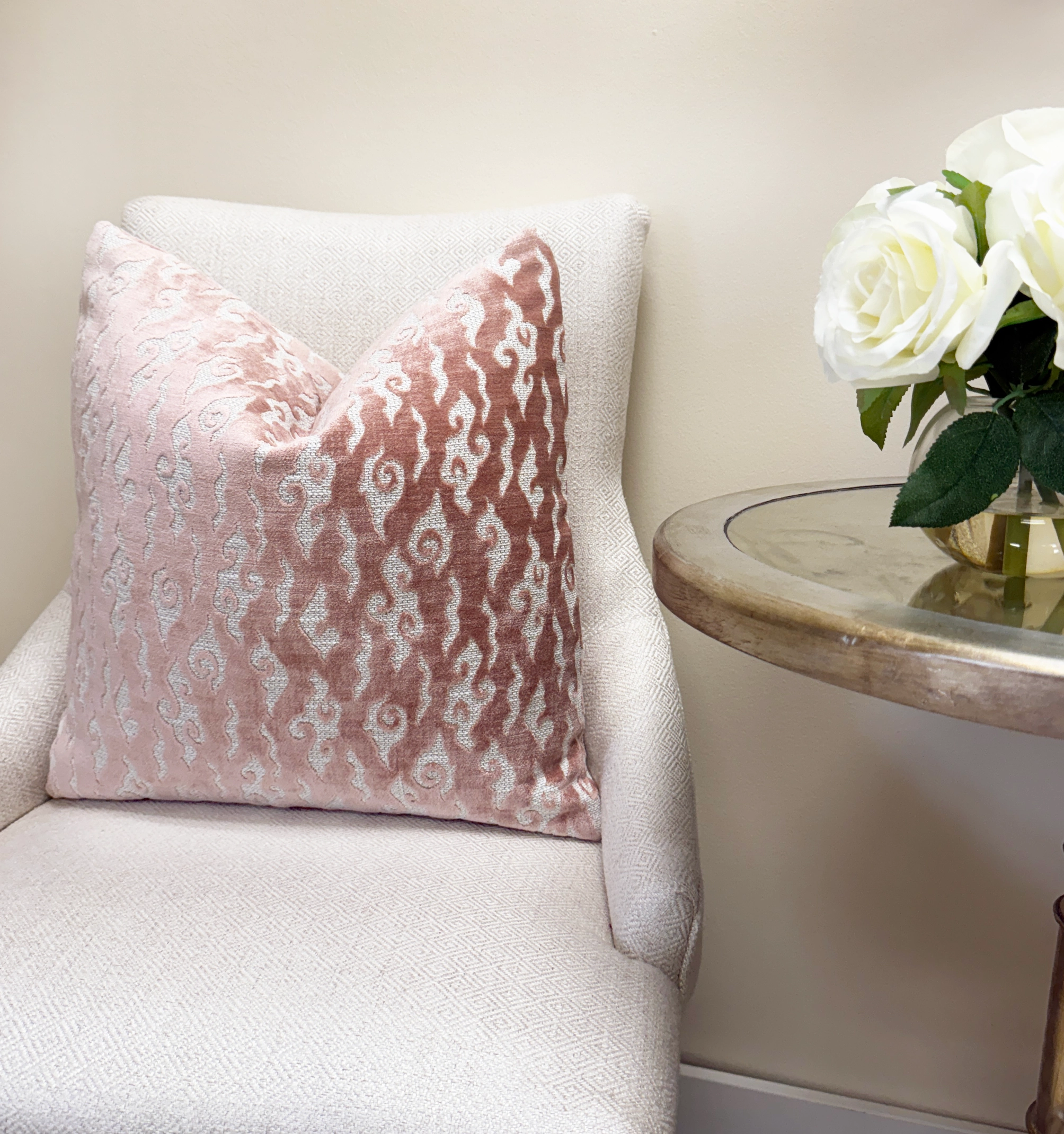 Blush Pink Swirl Velvet Throw Pillow