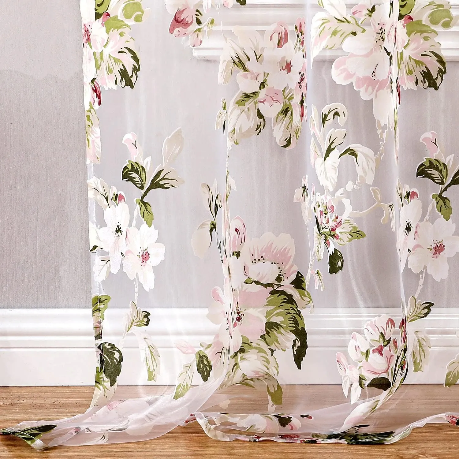 BROSHAN Floral Sheer Curtains 84 inches Long for Girls Bedroom, French Country Printed Curtain Sheers Blush Pink Flower Curtains 2 Panel Set Sheer Drapes for Living Room
