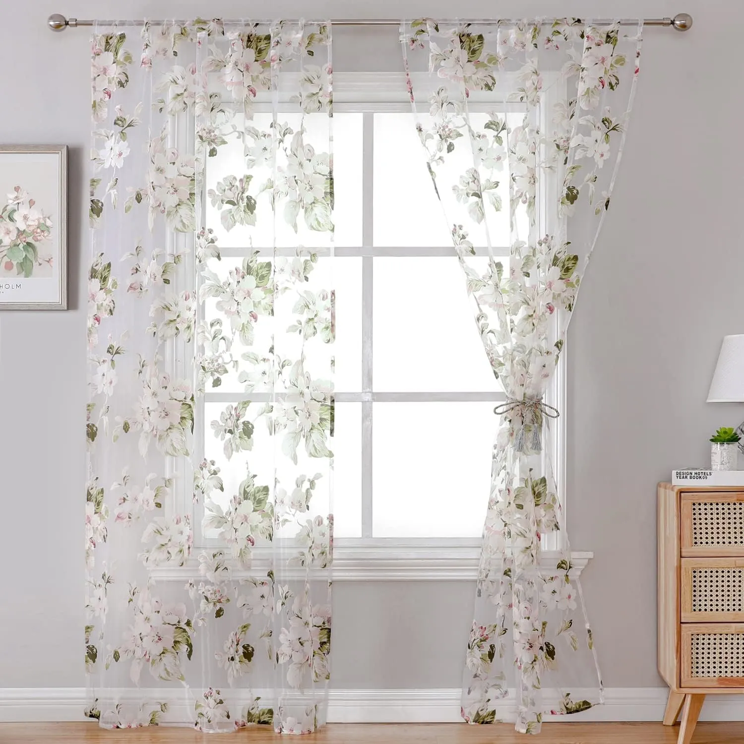 BROSHAN Floral Sheer Curtains 84 inches Long for Girls Bedroom, French Country Printed Curtain Sheers Blush Pink Flower Curtains 2 Panel Set Sheer Drapes for Living Room