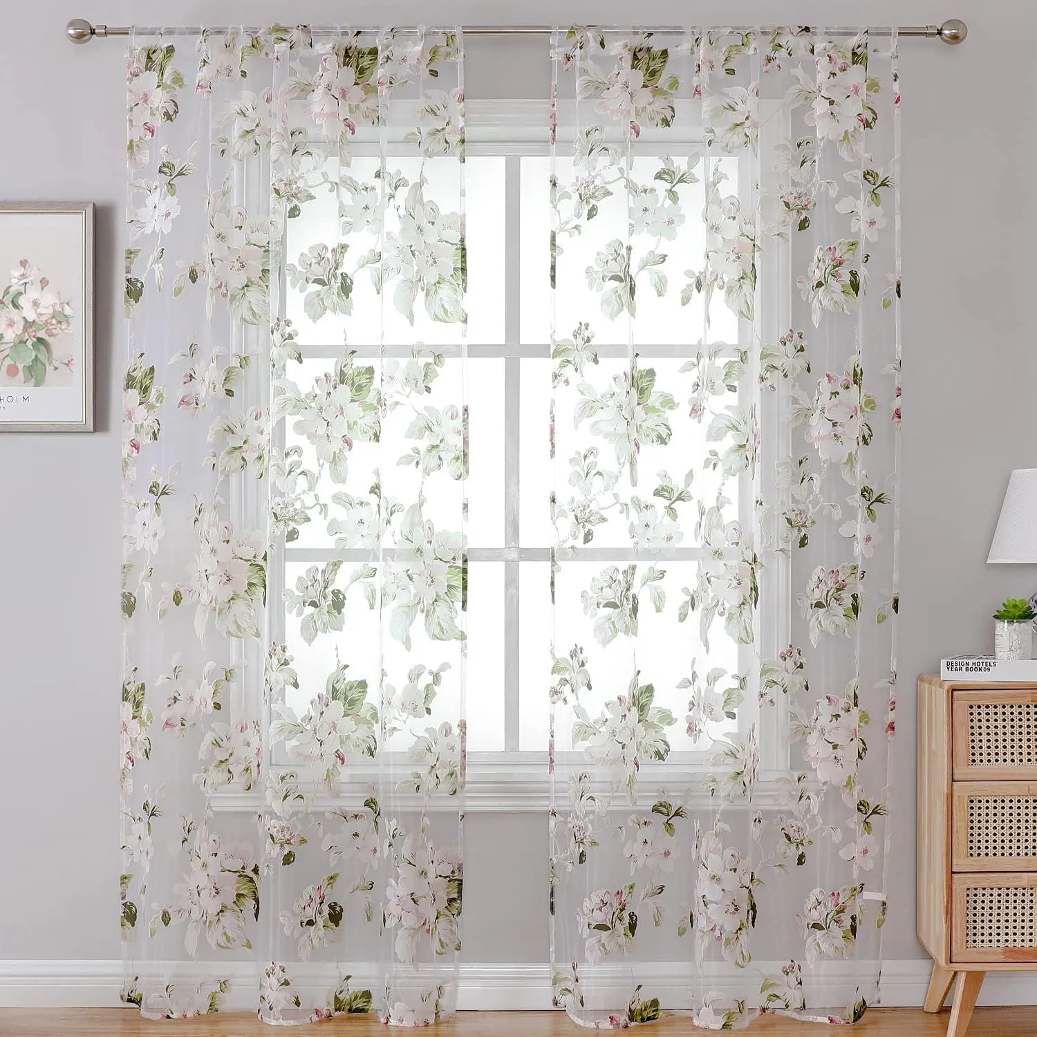 BROSHAN Floral Sheer Curtains 84 inches Long for Girls Bedroom, French Country Printed Curtain Sheers Blush Pink Flower Curtains 2 Panel Set Sheer Drapes for Living Room