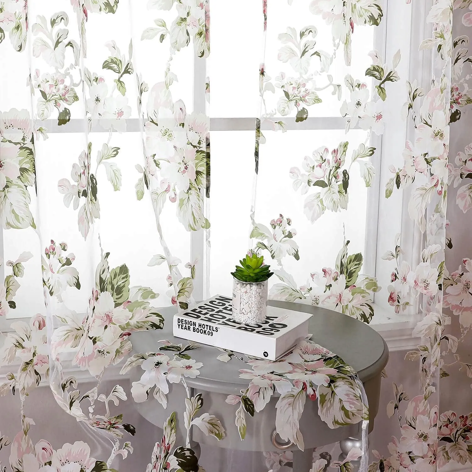 BROSHAN Floral Sheer Curtains 84 inches Long for Girls Bedroom, French Country Printed Curtain Sheers Blush Pink Flower Curtains 2 Panel Set Sheer Drapes for Living Room