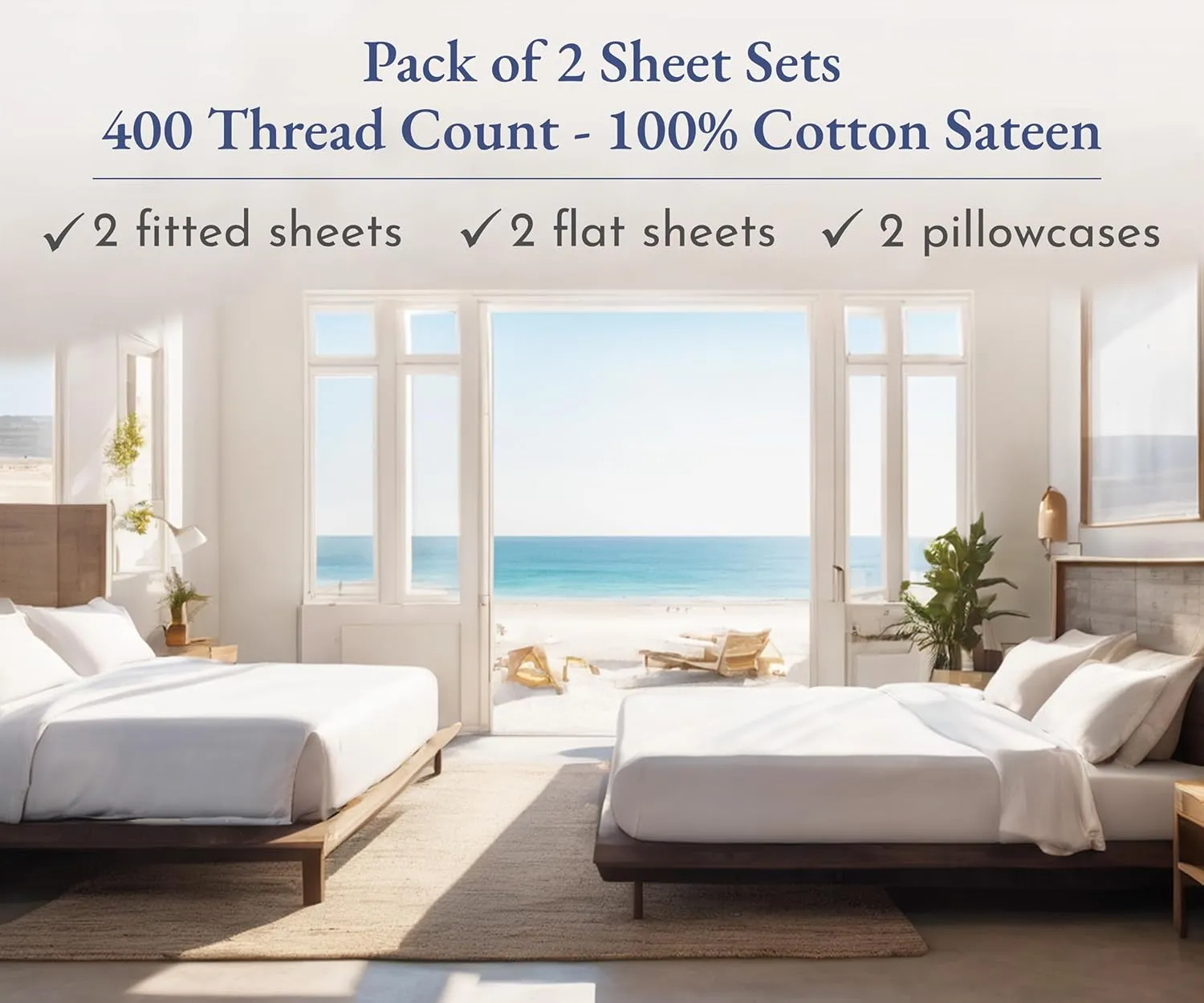 California Design Den 2-Pack Cotton Twin Sheet Sets - 400 Thread Count 100% Cotton Sateen - Extra Soft, Breathable & Cooling Sheets, Wrinkle Resistant, 2 Sets of Deep Pocket Bed Sheets - Pale Ivory