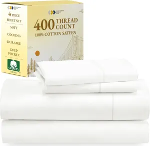California Design Den Natural 100% Cotton Sheets for Queen Size Bed - Soft 400 Thread Count Sateen, Cooling Sheets,Deep Pockets with All Around Elastic for a Snug Fit, Durable Bedding Set - Pale Ivory