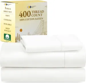 California Design Den Soft Twin Sheets Set - 400 Thread Count Sateen, Natural 100% Cotton Sheets, Deep Pockets, Cooling and Durable Bedding Set for Dorm Rooms & Adults - Pale Ivory