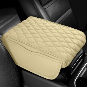 Car Center Console Cover, 12.6"×8.3"×2.2" Leather Car Armrest Cover with with 2 Side Pockets, Memory Foam Soft Auto Armrest Cushion Pad, Universal Vehicle Arm Rest Protector (Beige)