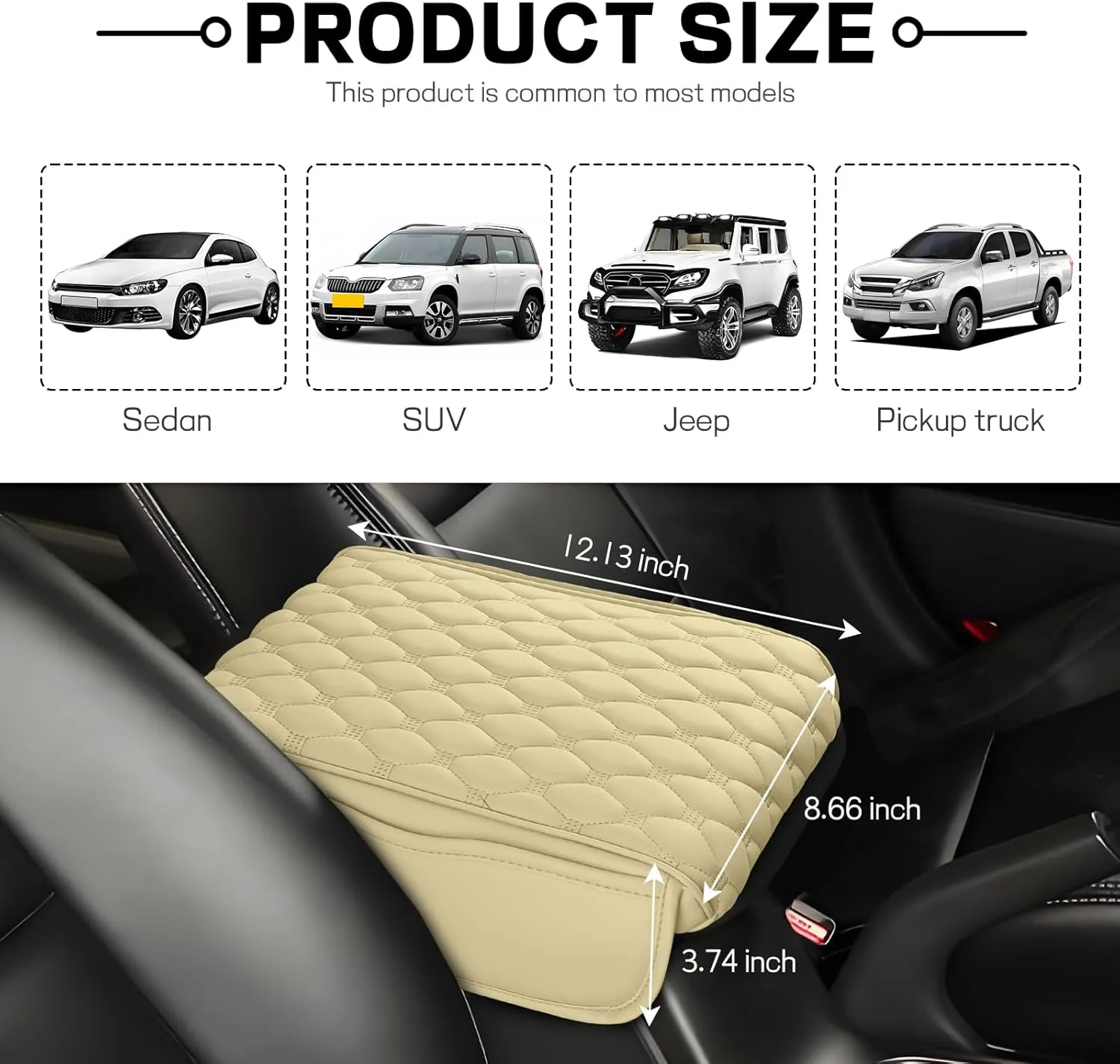 Car Center Console Cover, 12.6"×8.3"×2.2" Leather Car Armrest Cover with with 2 Side Pockets, Memory Foam Soft Auto Armrest Cushion Pad, Universal Vehicle Arm Rest Protector (Beige)
