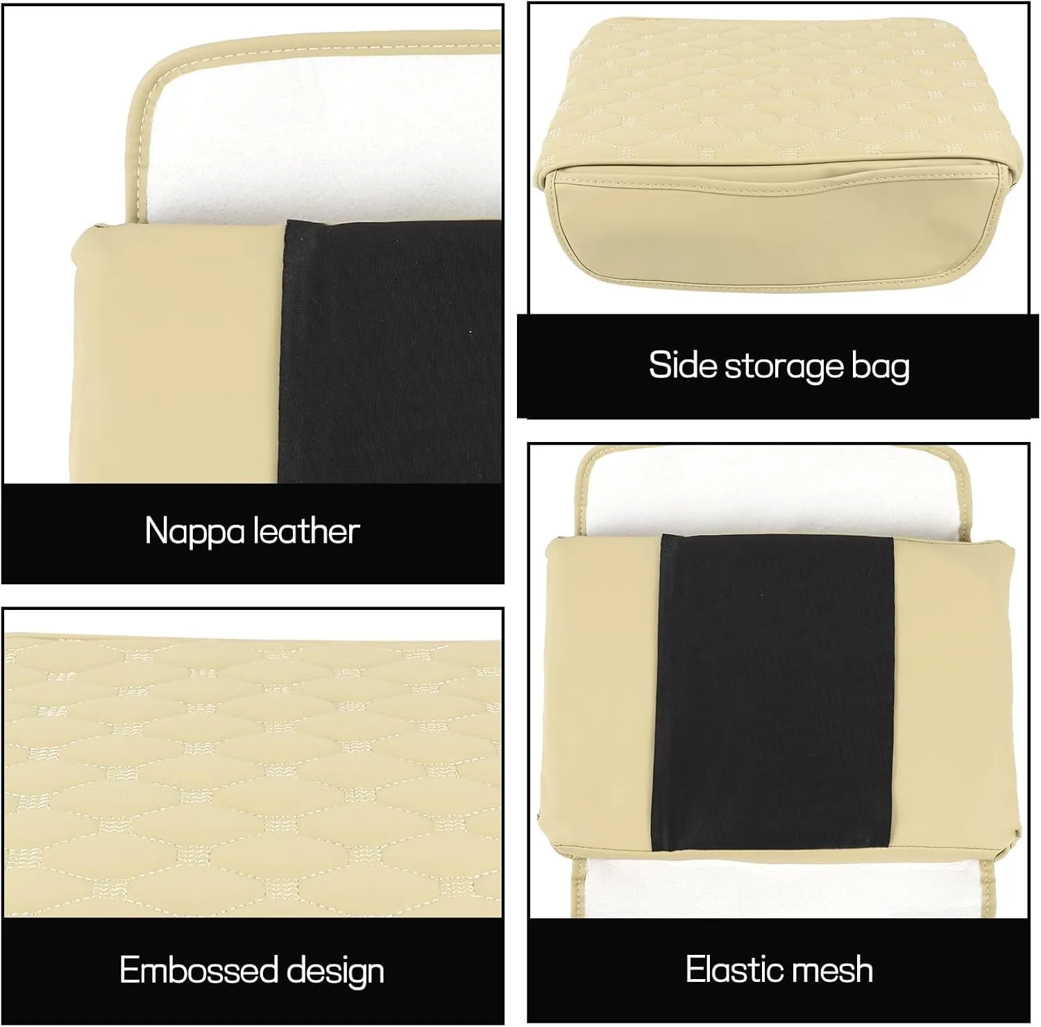 Car Center Console Cover, 12.6"×8.3"×2.2" Leather Car Armrest Cover with with 2 Side Pockets, Memory Foam Soft Auto Armrest Cushion Pad, Universal Vehicle Arm Rest Protector (Beige)