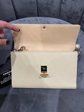 Chanel caviar beige clutch 24k gold hardware