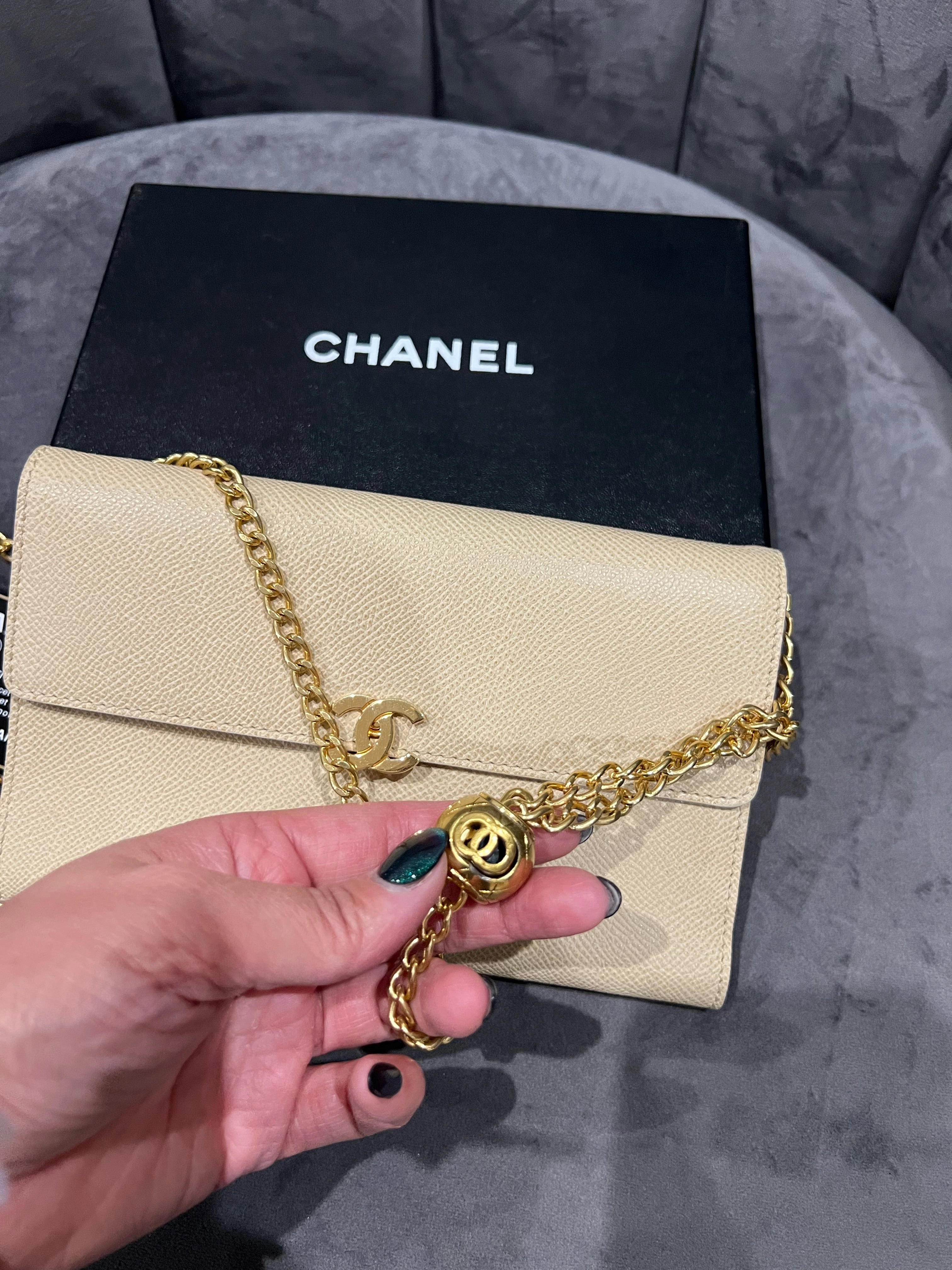 Chanel caviar beige clutch 24k gold hardware