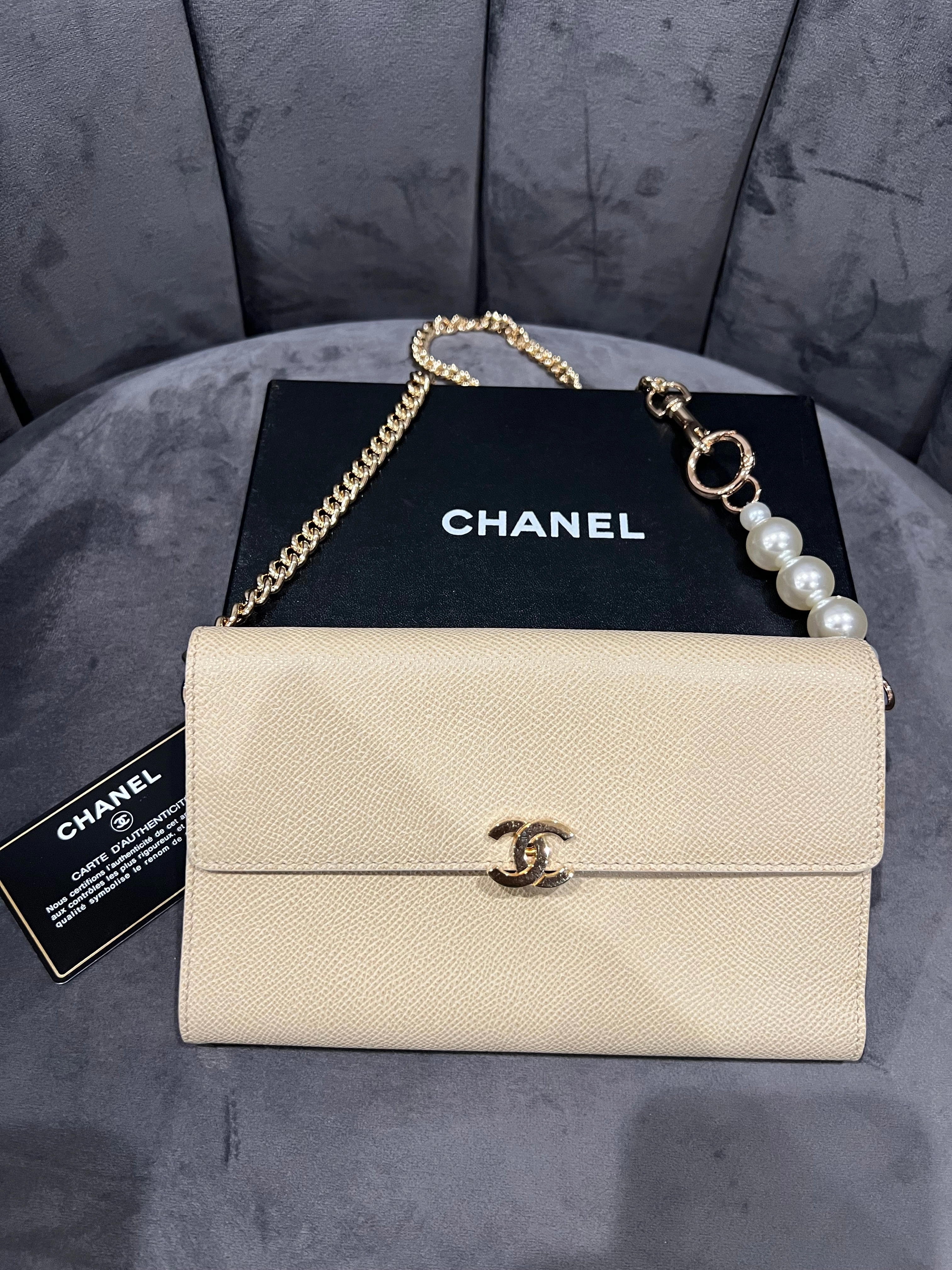Chanel caviar beige clutch 24k gold hardware