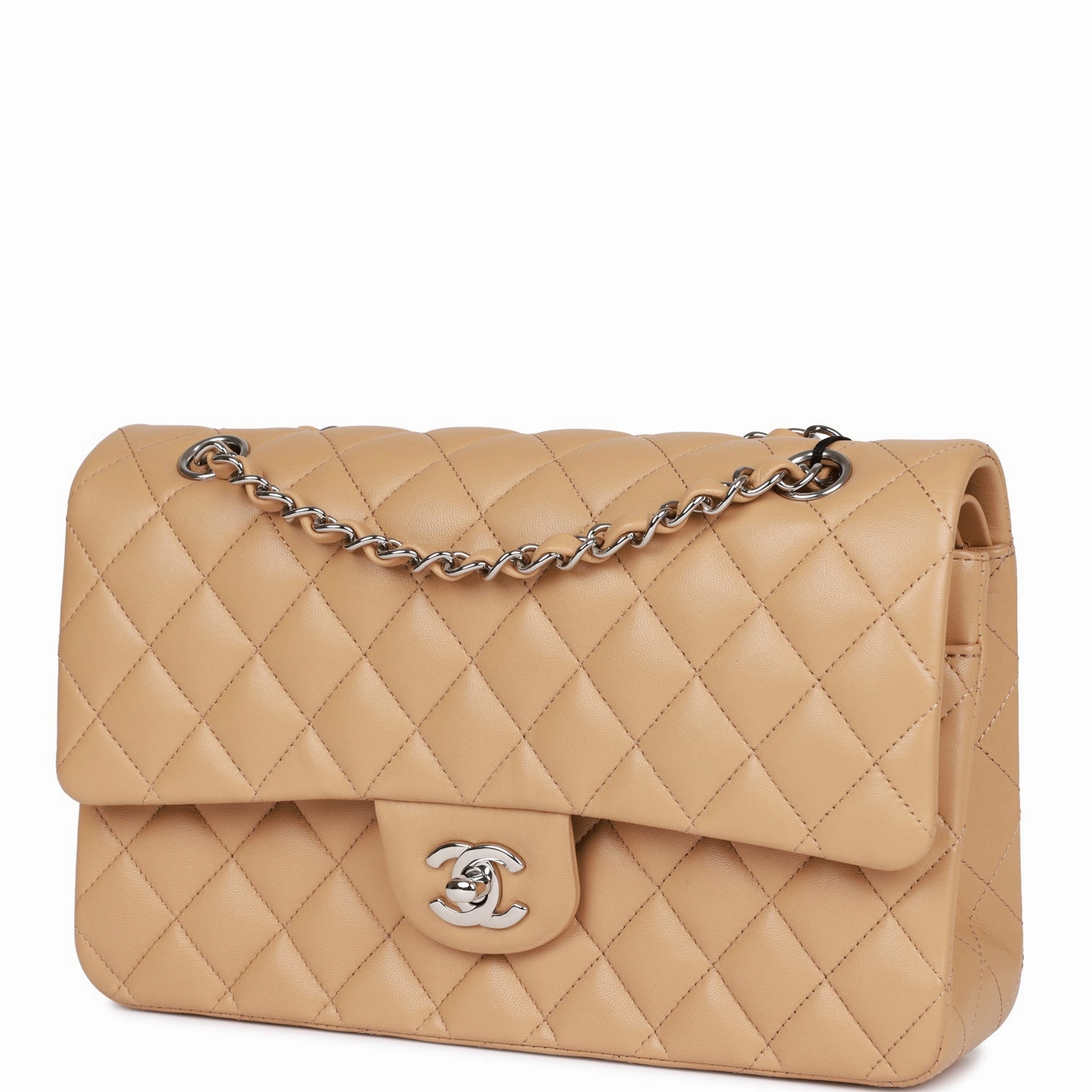 Chanel Medium Classic Double Flap Bag Beige Lambskin Silver Hardware