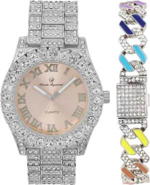 Charles Raymond Women's Baguette Cut Rainbow Iced Out Watch combs of you choices With Bling'ed Out Tennis Bracelet or Necklace with Matching Diamond Crystal Set - Rainbow - 23