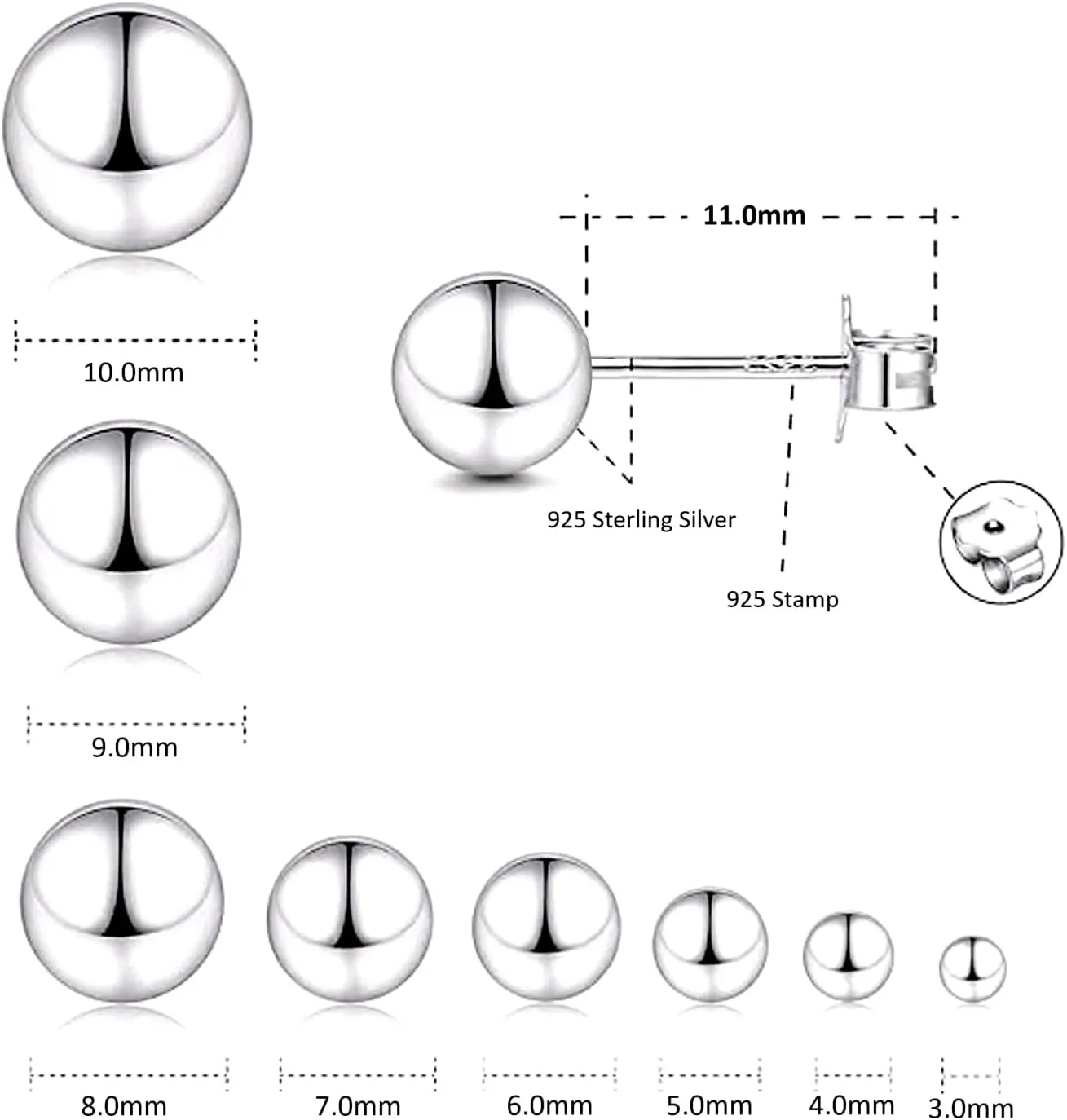 Charmsy 925 Sterling Silver Ball Post Stud Earrings for Women | Round Hammered Lightweight Disco Classic Ball Stud Earring for Women Teen | Sizes 3mm-11mm