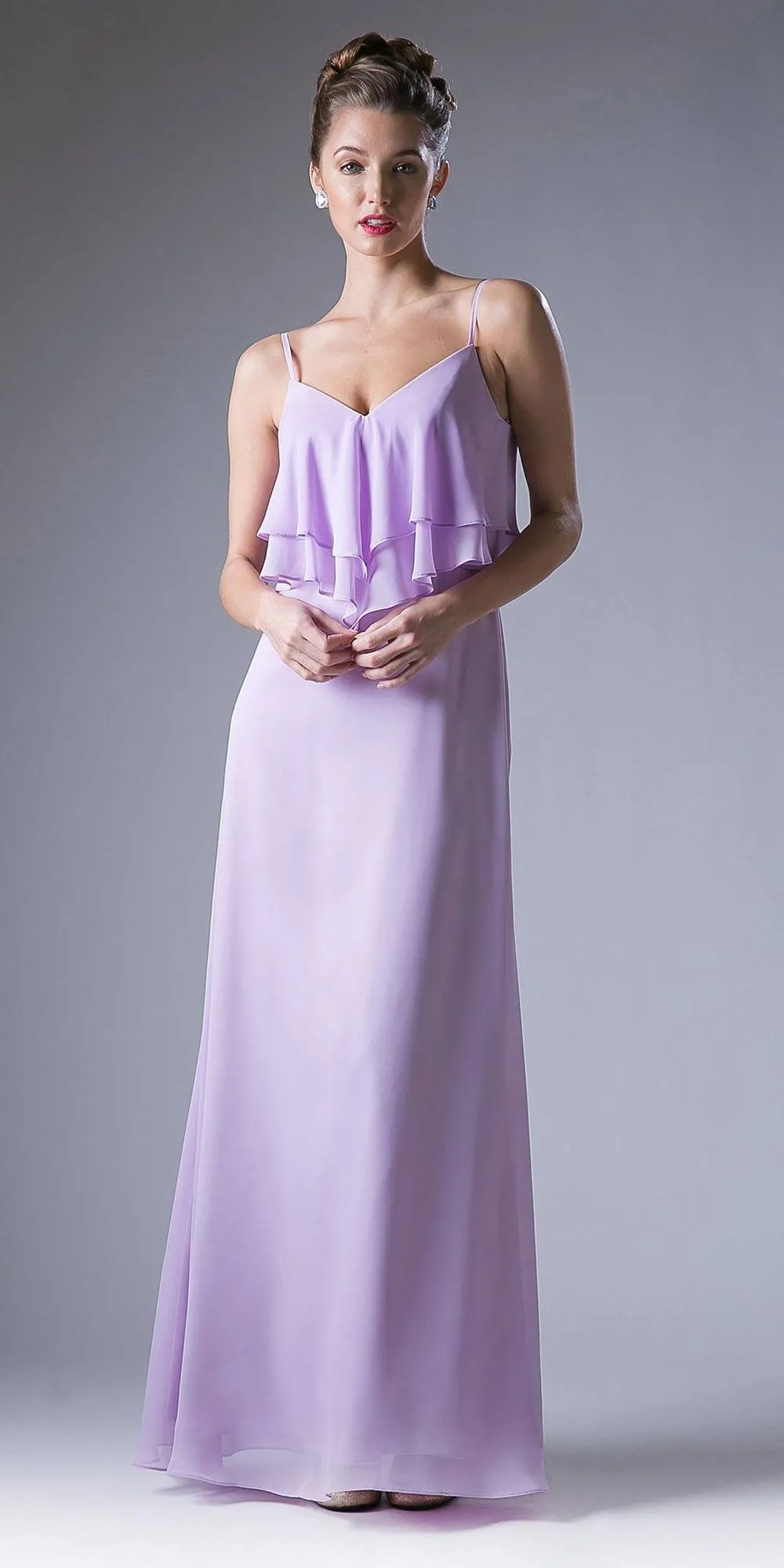 Cinderella Divine CH537 V-Neck Long Chiffon Dress Ruffled Bodice
