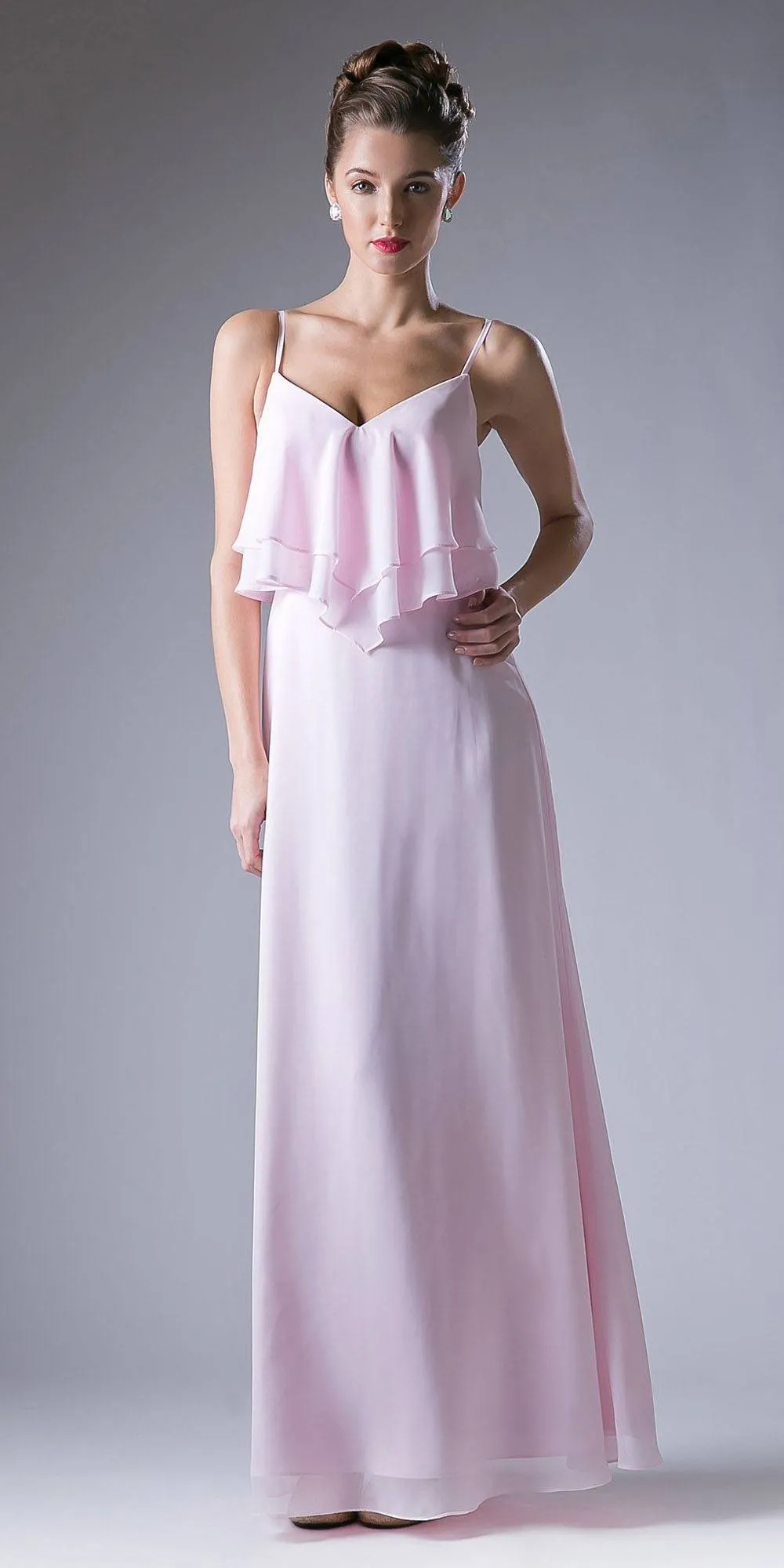 Cinderella Divine CH537 V-Neck Long Chiffon Dress Ruffled Bodice
