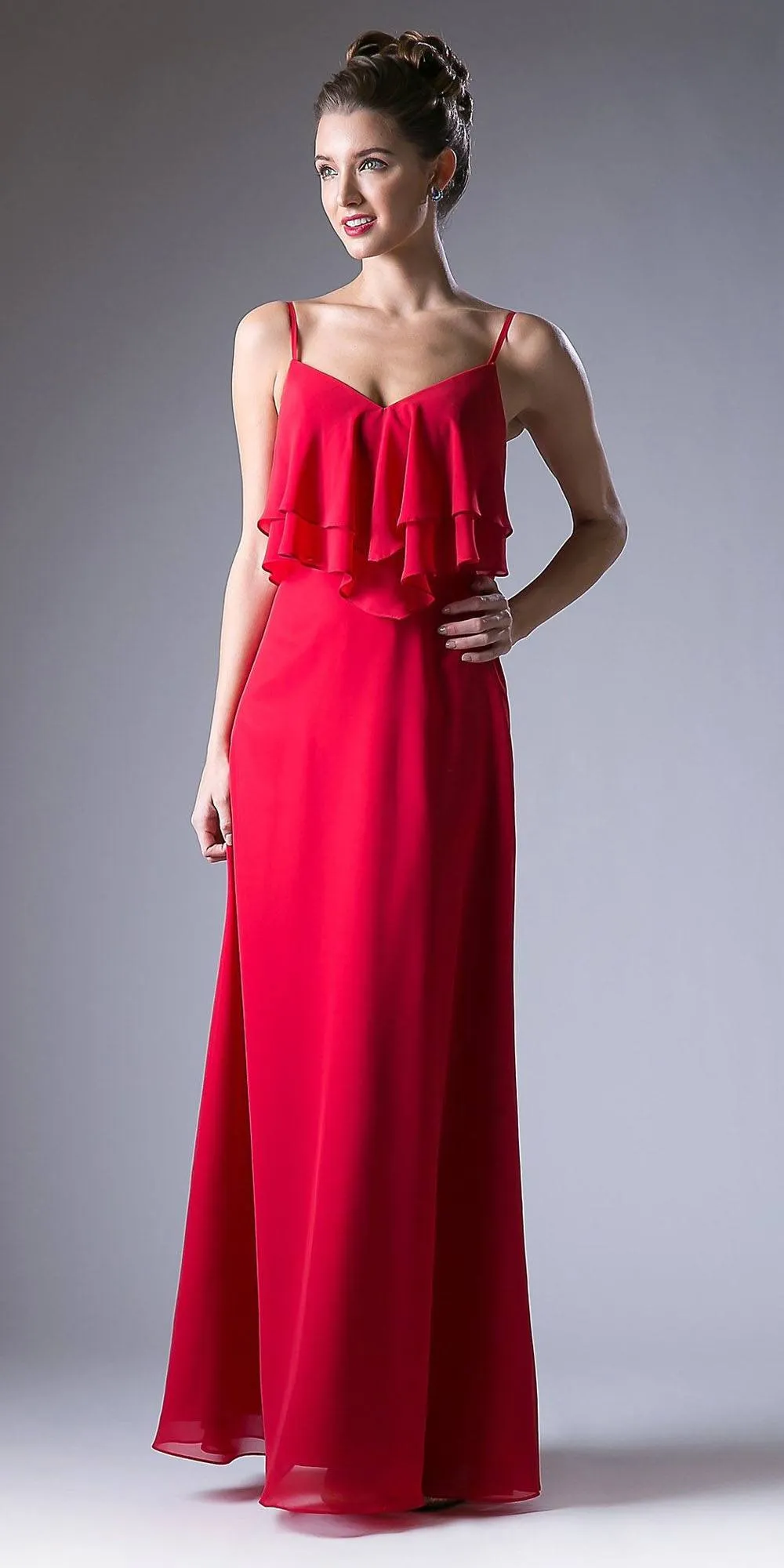 Cinderella Divine CH537 V-Neck Long Chiffon Dress Ruffled Bodice