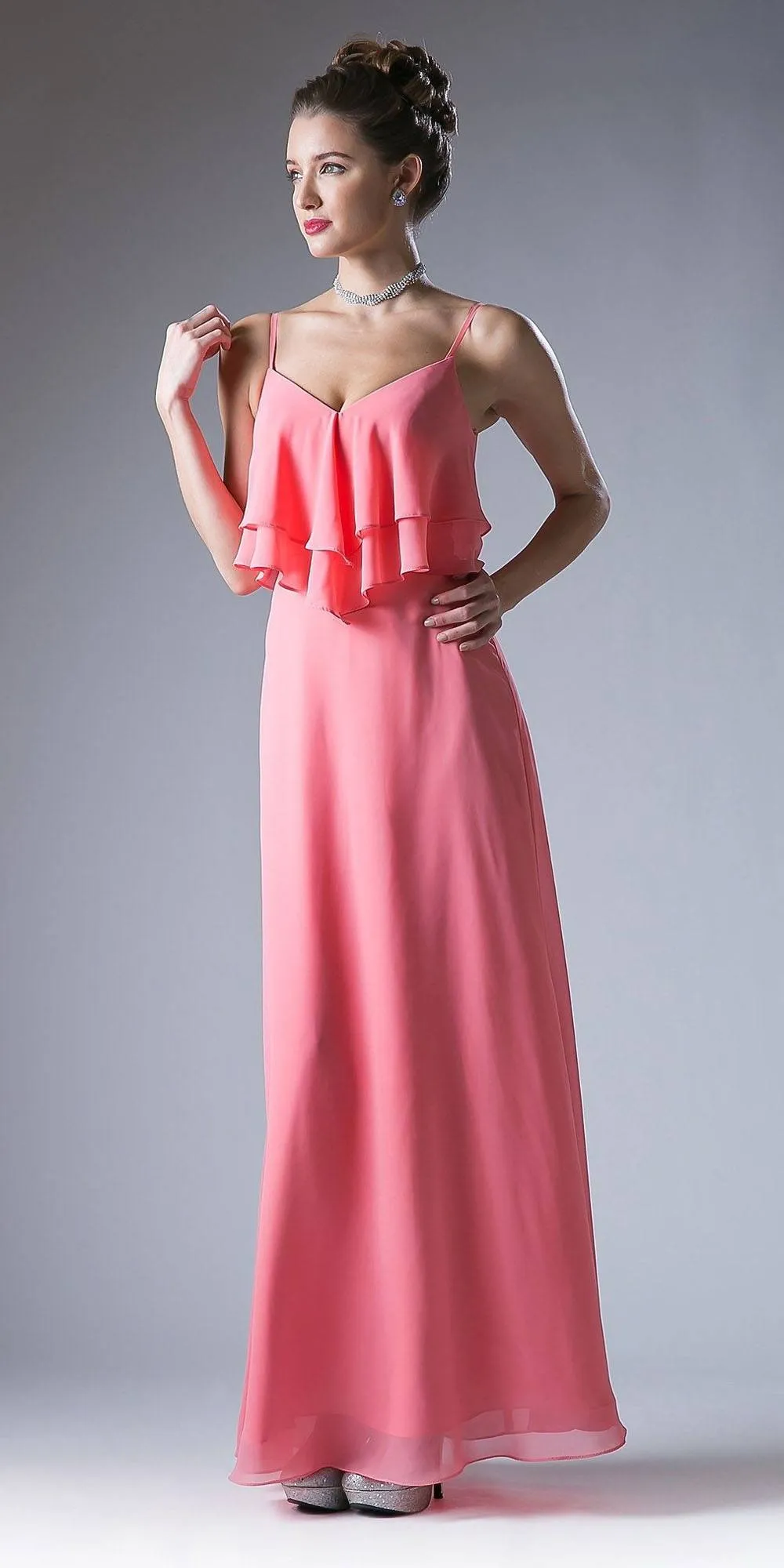 Cinderella Divine CH537 V-Neck Long Chiffon Dress Ruffled Bodice