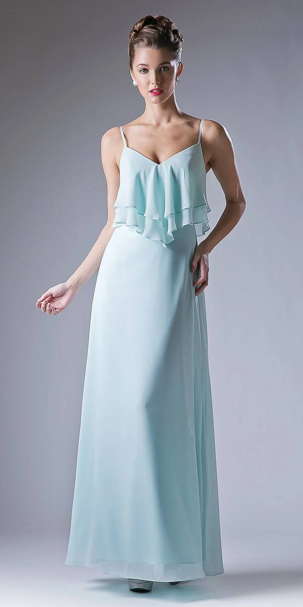 Cinderella Divine CH537 V-Neck Long Chiffon Dress Ruffled Bodice