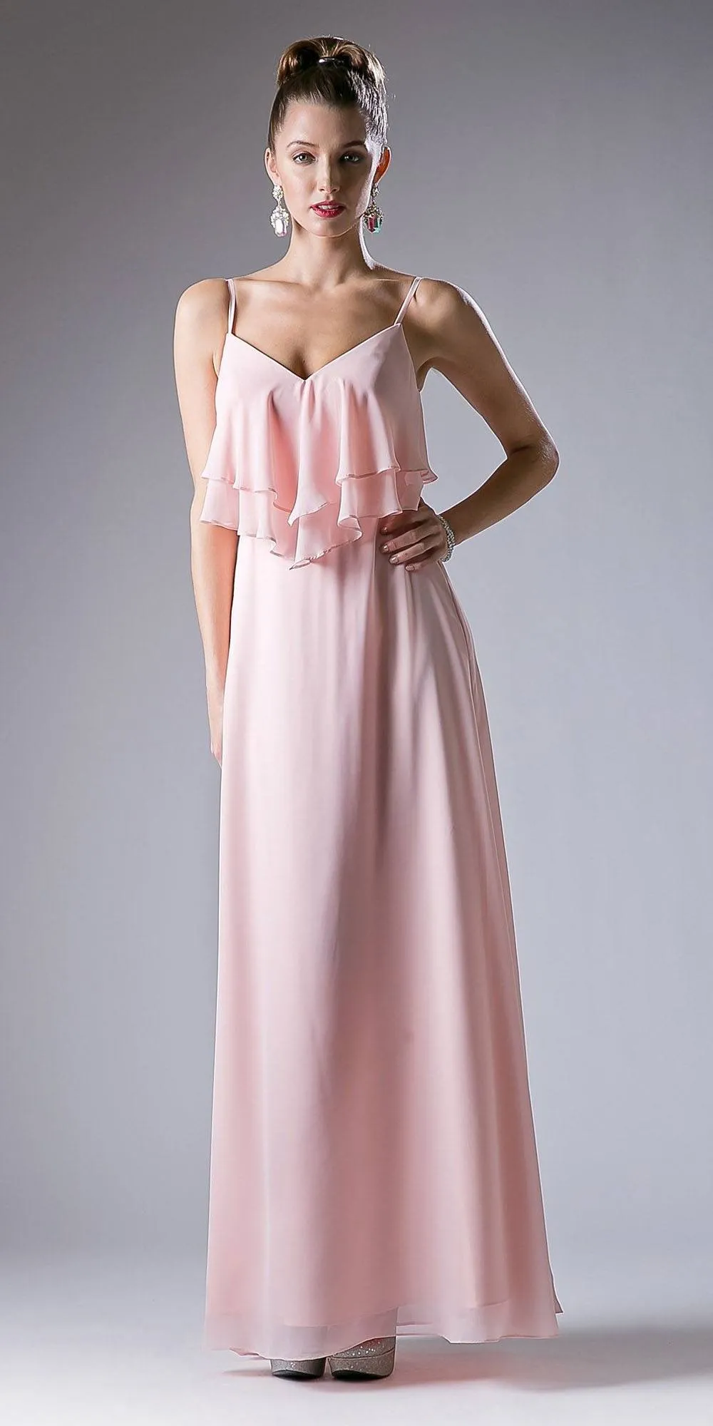 Cinderella Divine CH537 V-Neck Long Chiffon Dress Ruffled Bodice
