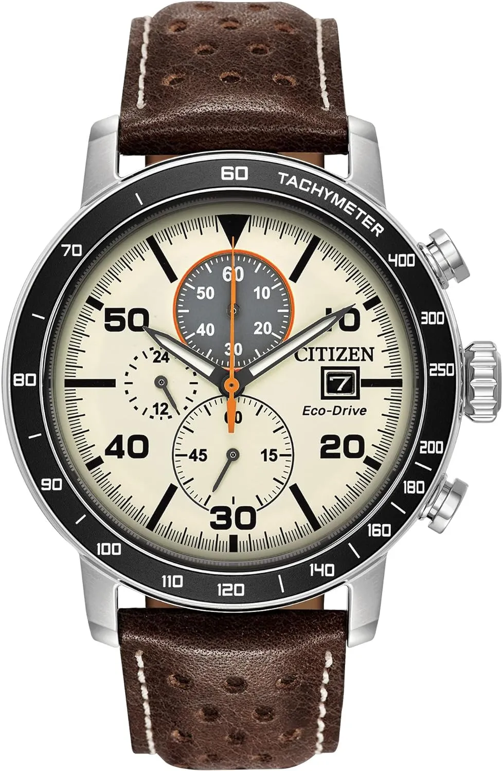 Citizen Men's Eco-Drive Weekender Brycen Chronograph Watch in Stainless Steel, Brown Leather strap, Ivory Dial (Model: CA0649-06X)