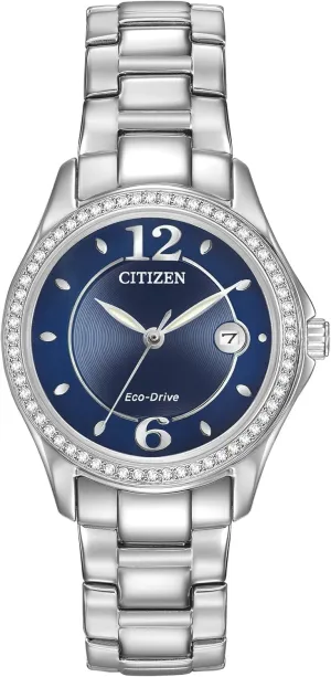 Citizen Women's Eco-Drive Dress Classic Crystal Watch in Stainless Steel, Blue Dial (Model: FE1140-86L)