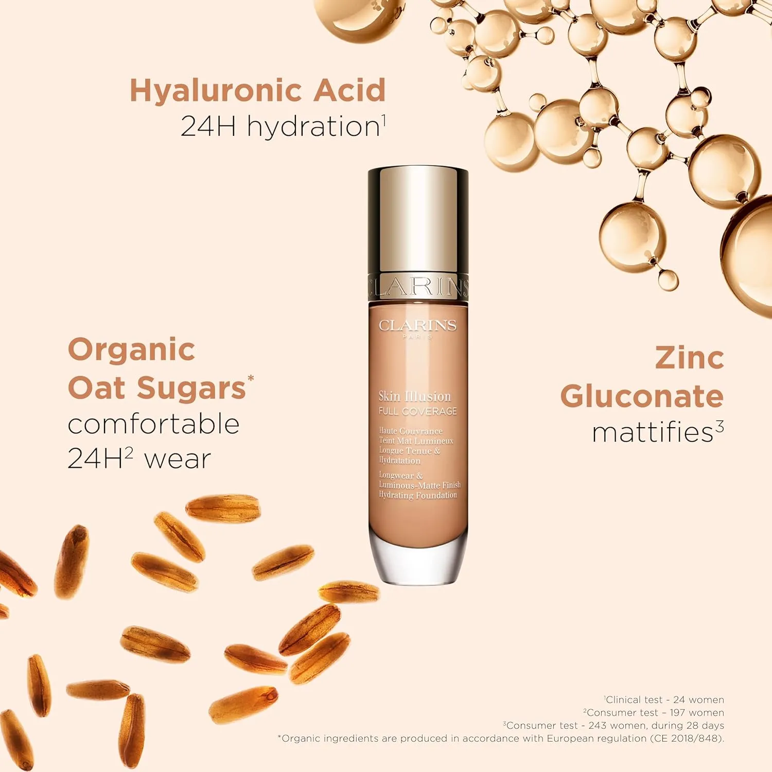 Clarins NEW Skin Illusion Longwear Full Coverage Foundation | Luminous Matte Finish | 24H* Hold and 24H** Hydration | Natural Looking Complexion | Transfer Proof, Sweat Proof and Smudge Proof