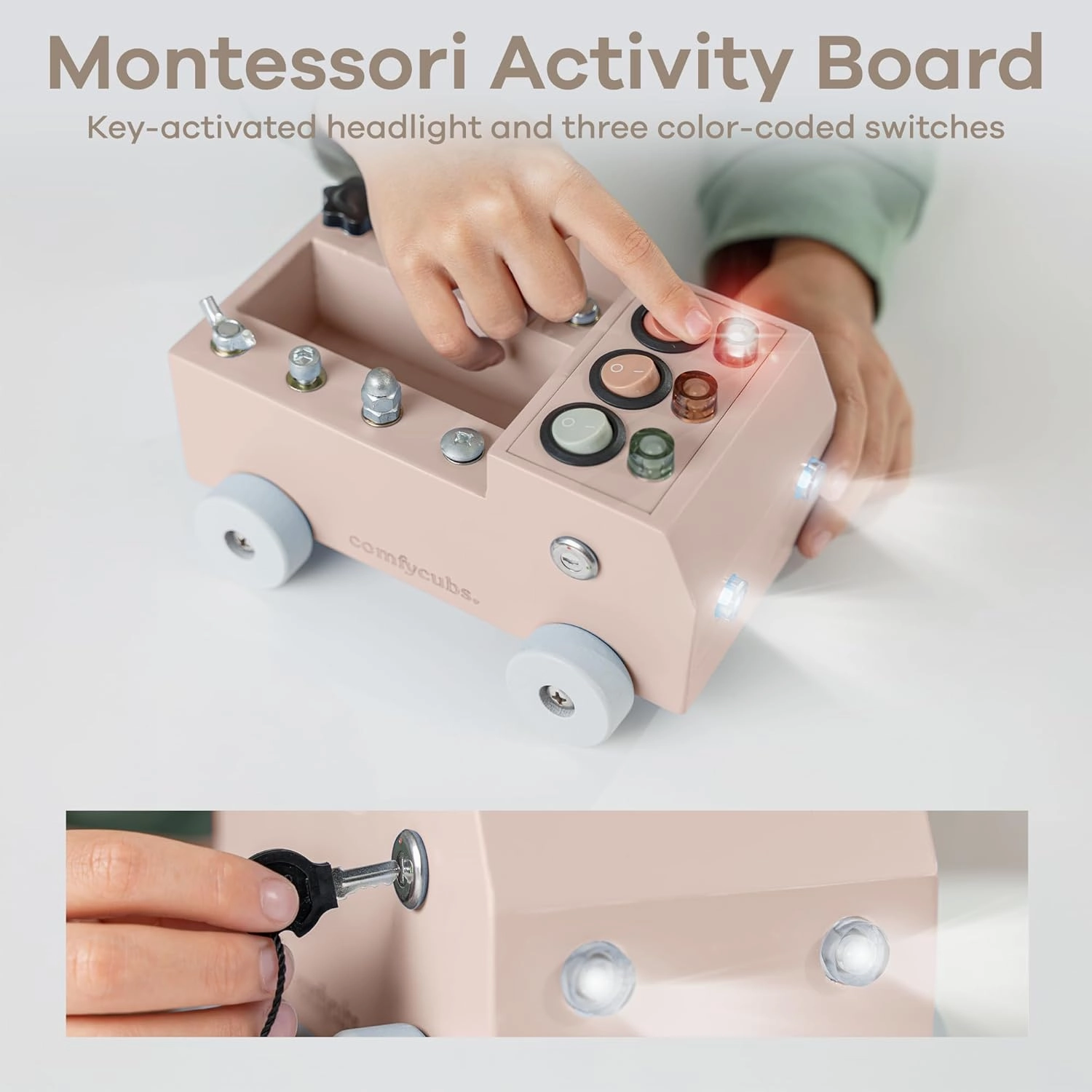 Comfy Cubs Busy Board Toy Truck Set - Fun & Noise-Free, Pine Wood Activity Board for Toddlers with LED Light Switch - Designed in The US, Focused & Engaging Montessori Play for Kids 3  (Blush)