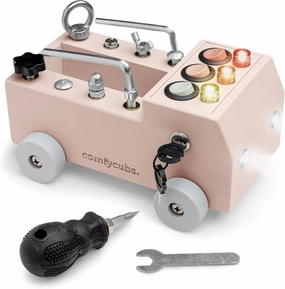 Comfy Cubs Busy Board Toy Truck Set - Fun & Noise-Free, Pine Wood Activity Board for Toddlers with LED Light Switch - Designed in The US, Focused & Engaging Montessori Play for Kids 3  (Blush)
