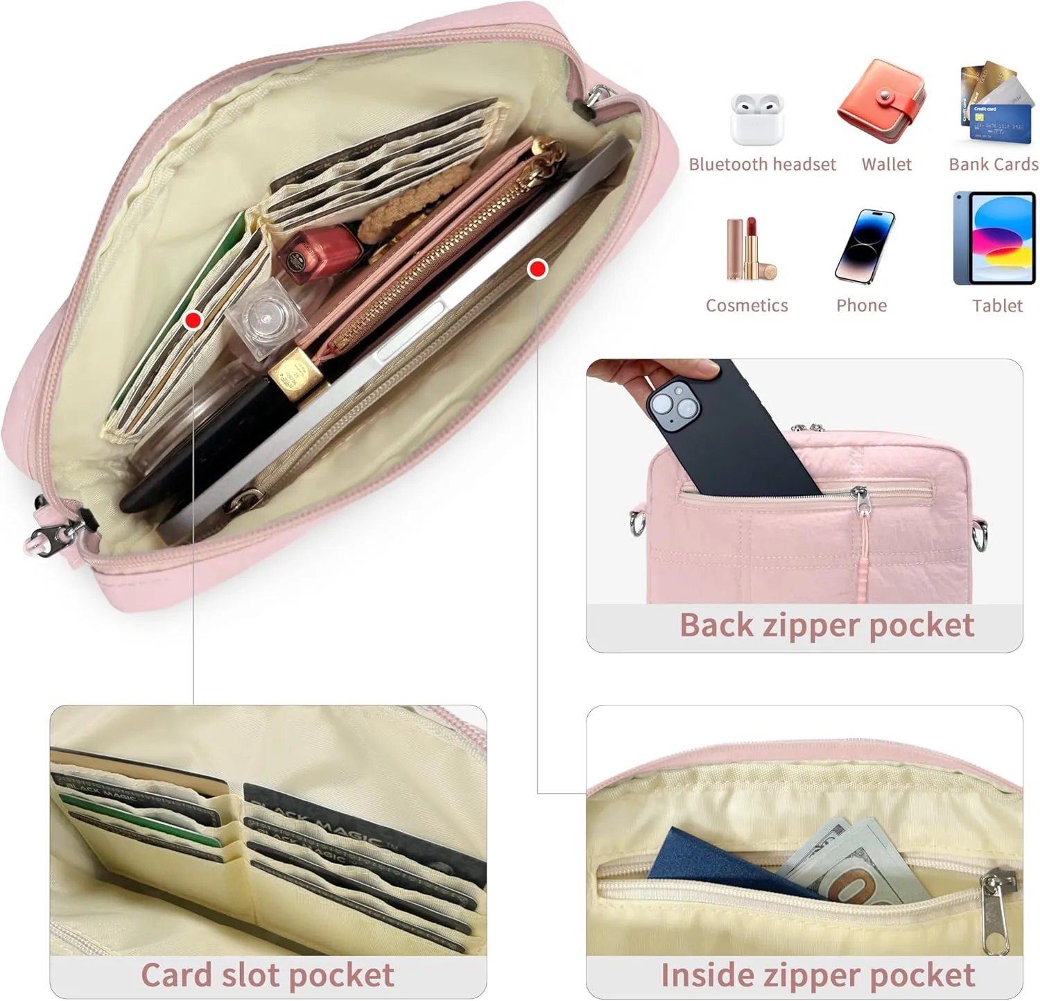Crossbody Bags for Women, Small Quilted Shoulder Handbag with Adjustable Guitar Strap and Card Slots, Travel Purse