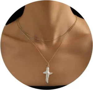 Dainty Pearl Pendant Gold Necklaces for Women 18K Gold Plated Natural Freshwater Irregular Pearl Cross Layered Necklace Simple Gold Pearl Necklaces Smile Pearl Adjustable Necklace Everyday Jewelry