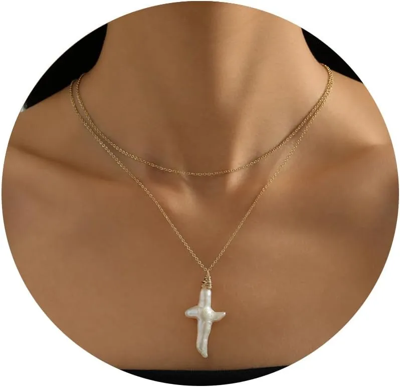 Dainty Pearl Pendant Gold Necklaces for Women 18K Gold Plated Natural Freshwater Irregular Pearl Cross Layered Necklace Simple Gold Pearl Necklaces Smile Pearl Adjustable Necklace Everyday Jewelry